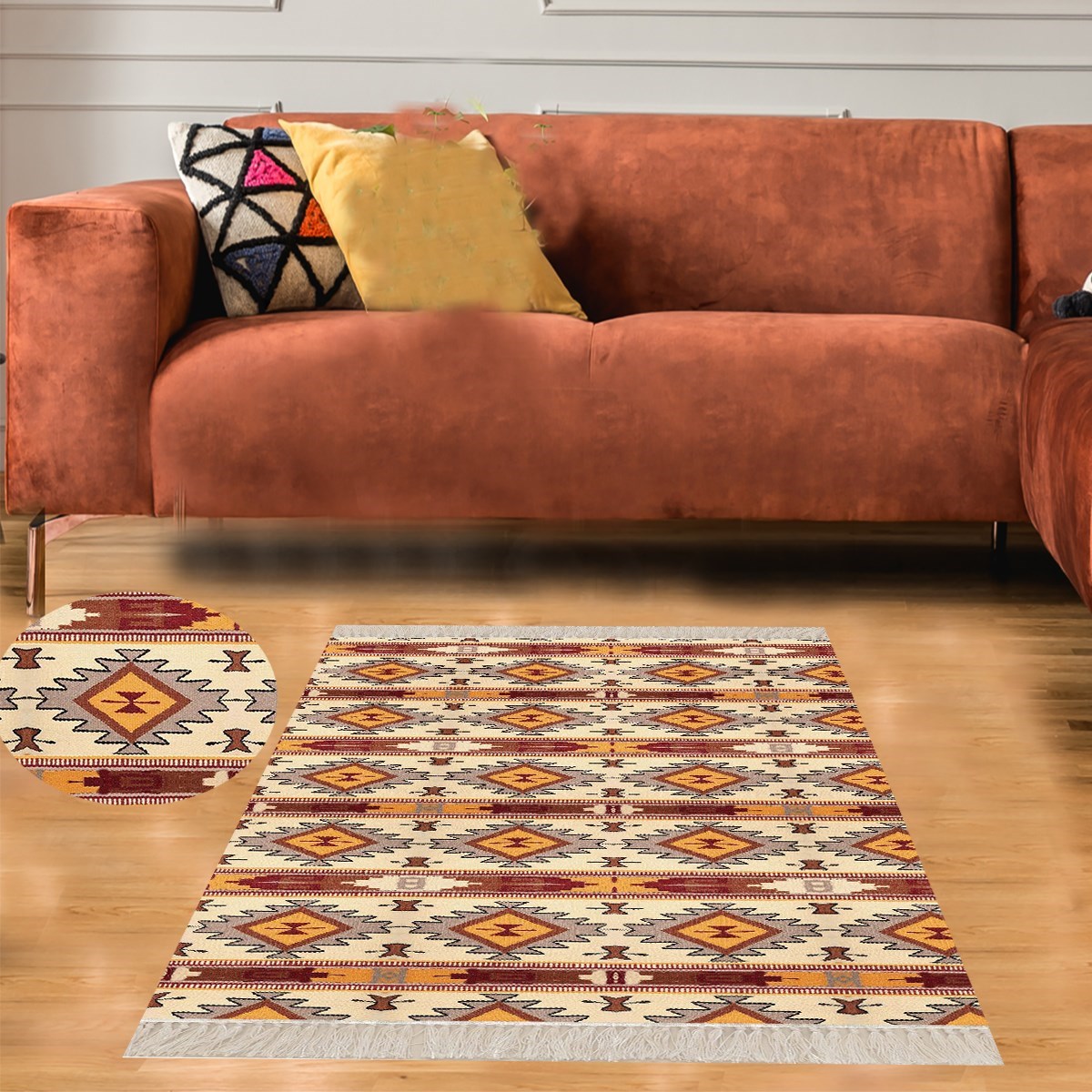 Kilim Desenli Etnik Dijital Baskı Yıkanabilir Kaymaz Taban Modern Salon Halı ve Yolluk