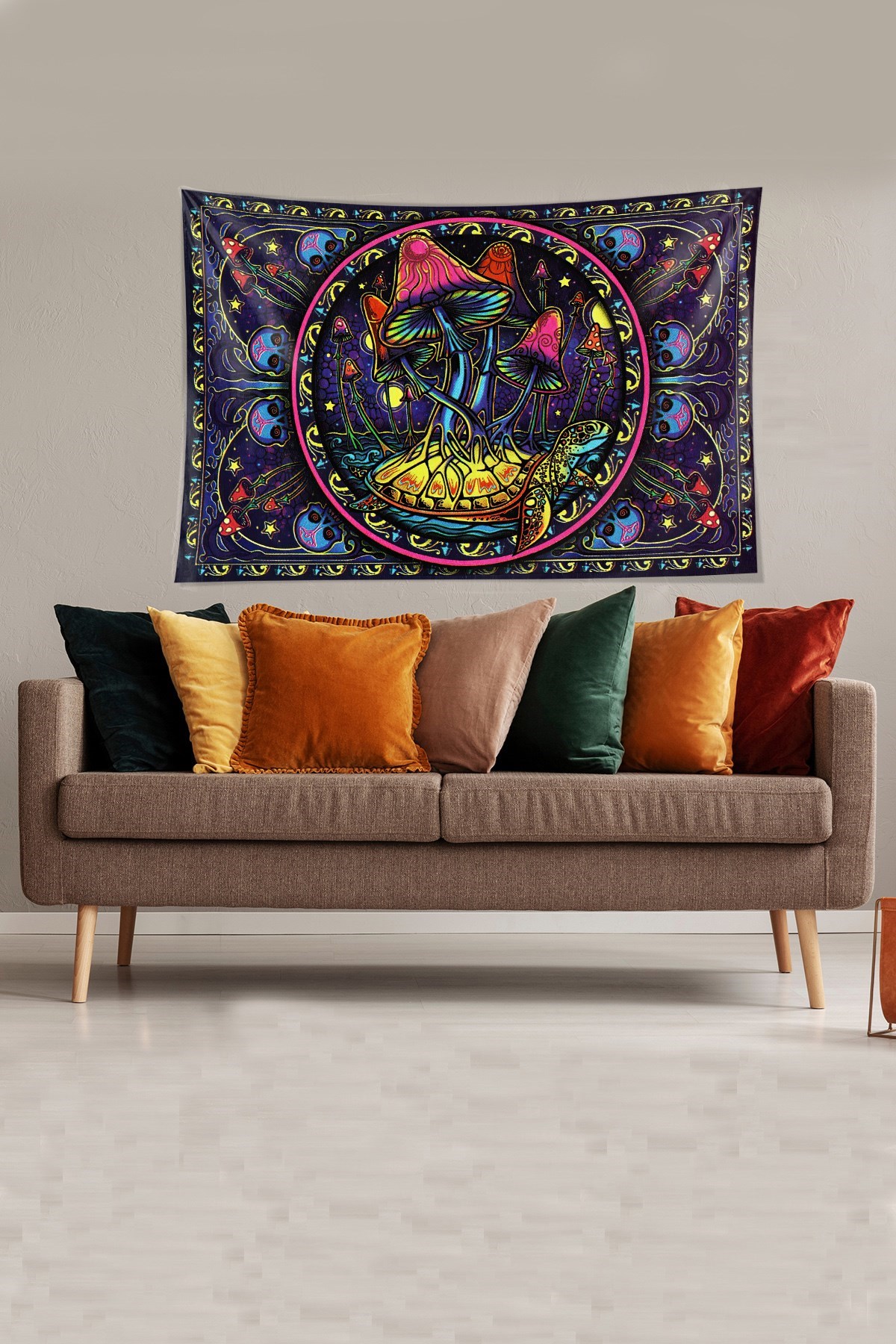 Çok Renkli Mushroom Mantar Desenli Leke Tutmaz Kadife Kumaş Duvar Örtüsü Duvar Halısı Tapestry