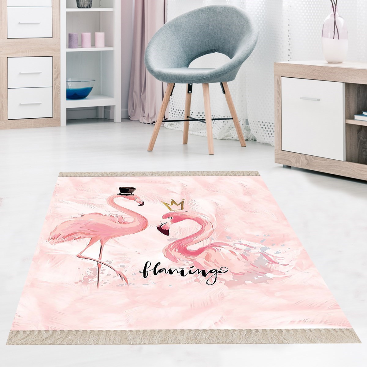 Pembe Flamingo Dijital Baskı Yıkanabilir Kaymaz Taban Modern Salon Halısı ve Yollu