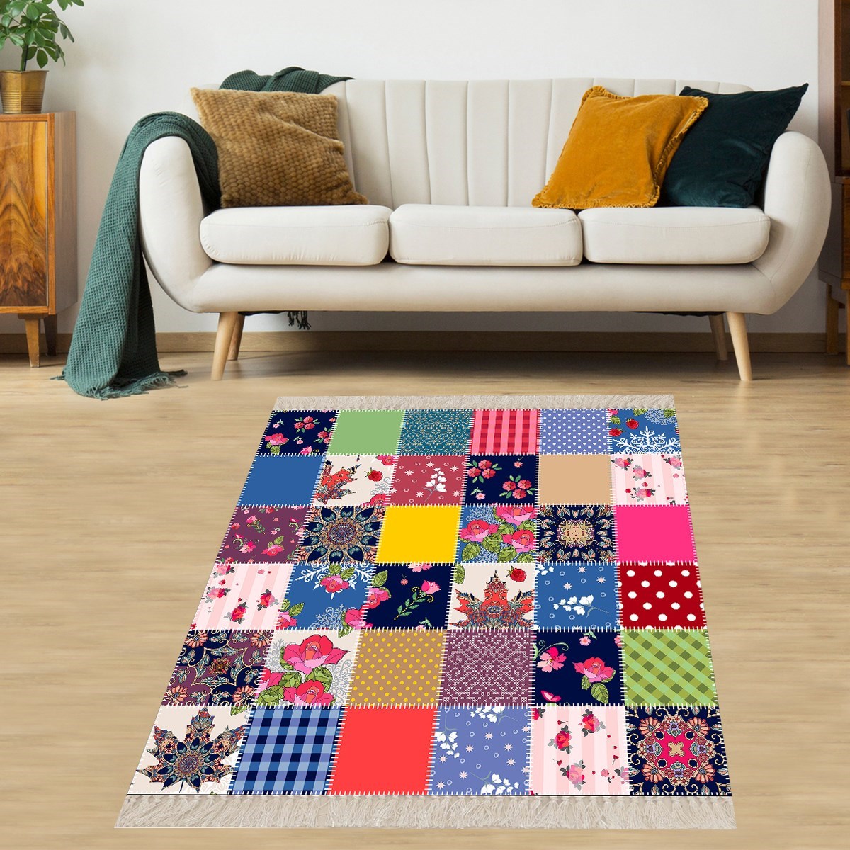 Patchwork Desenli Dijital Baskı Yıkanabilir Kaymaz Taban Etnik Salon Halısı ve Yolluk