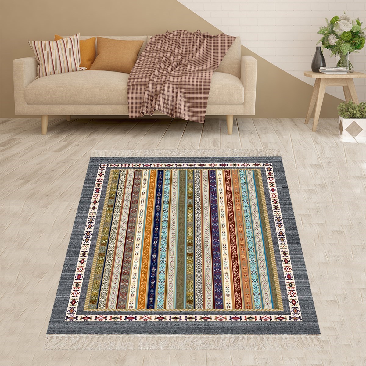 Kilim Desenli Etnik Dijital Baskı Yıkanabilir Kaymaz Taban Modern Salon Halısı ve Yolluk