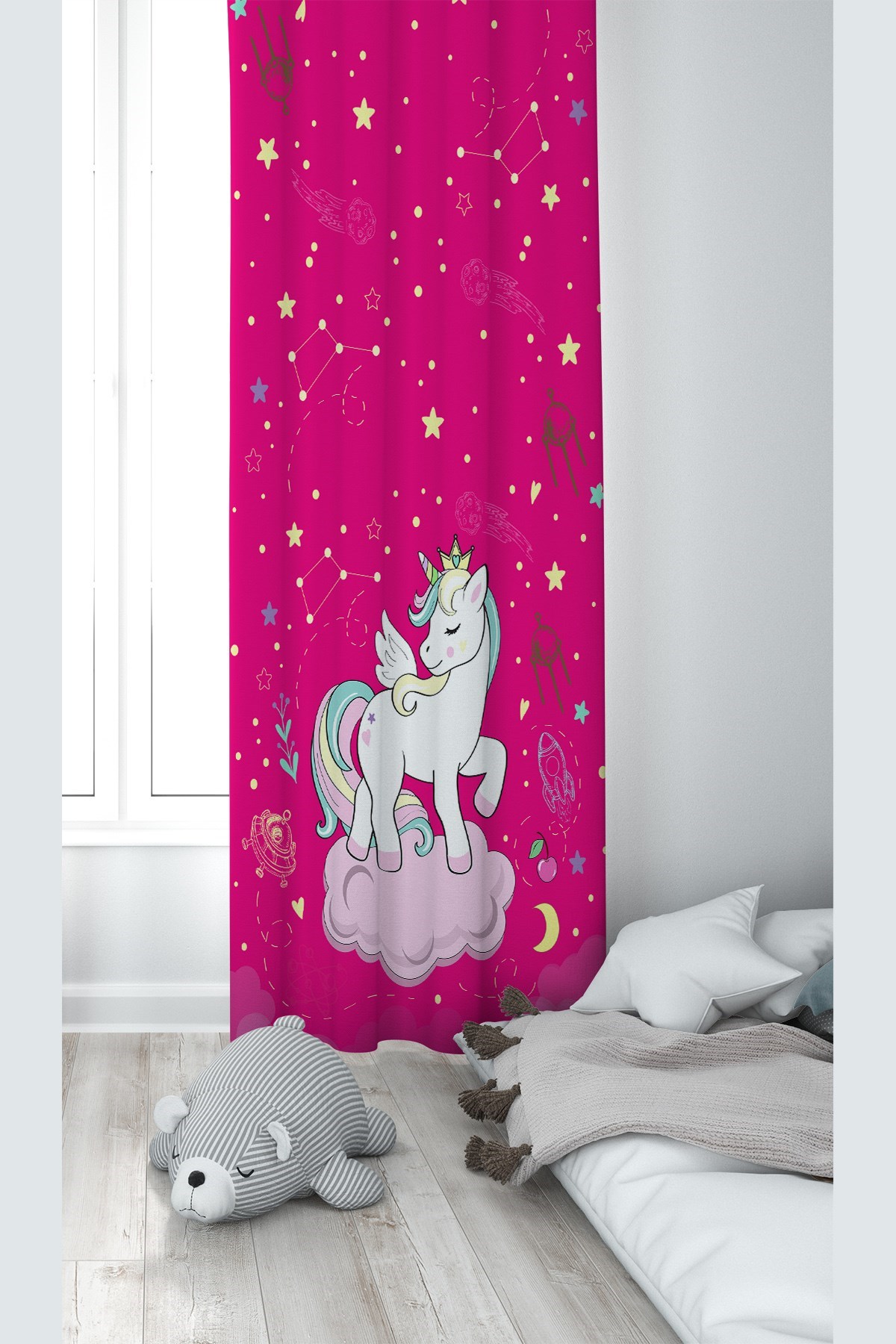 Pembe Unicorn Desenli Dijital Baskı Yıkanabilir Bebek Çocuk Odası Fon Perdesi