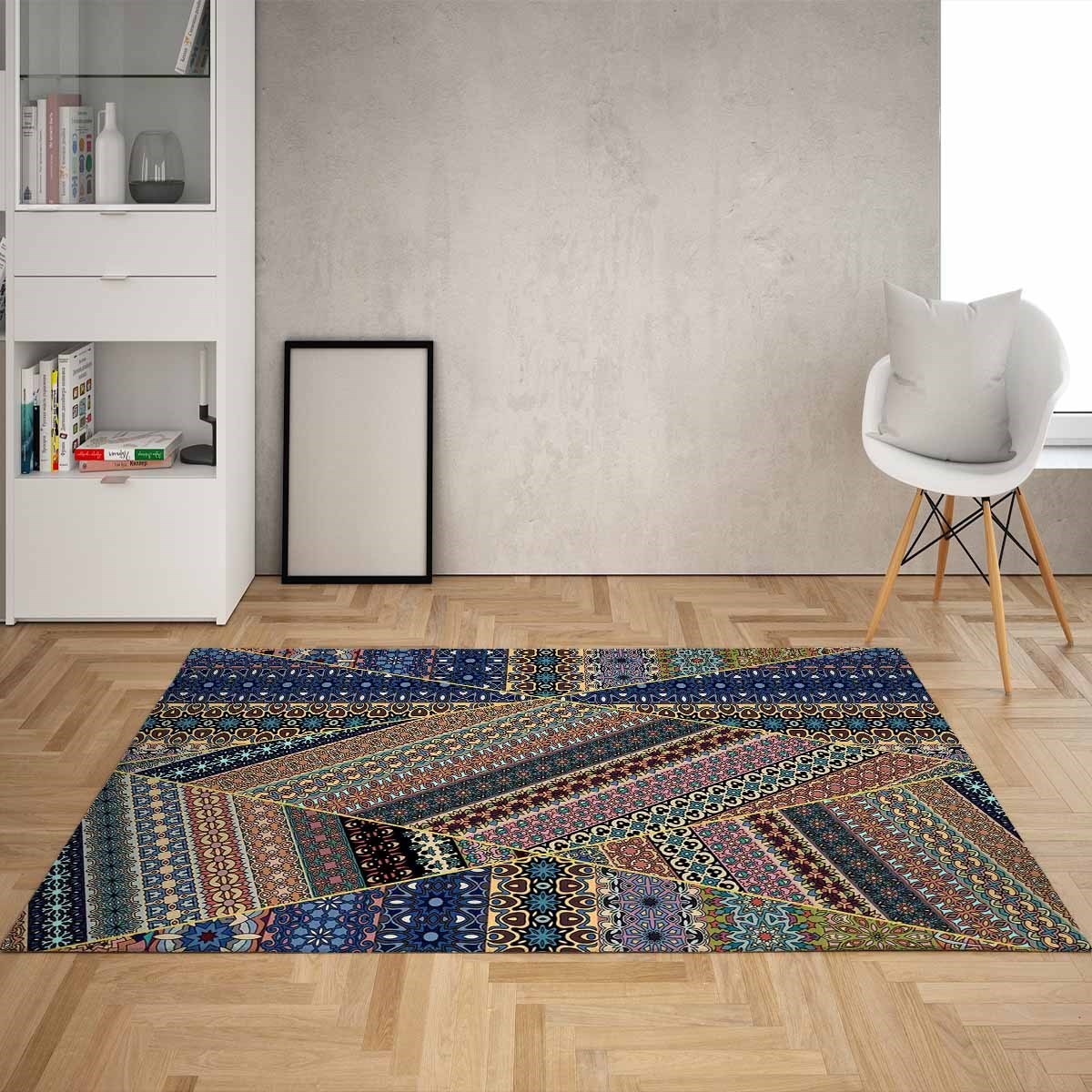 Kilim Desenli Etnik Dijital Baskı Yıkanabilir Kaymaz Taban Leke Tutmaz Salon Halı ve Yolluk