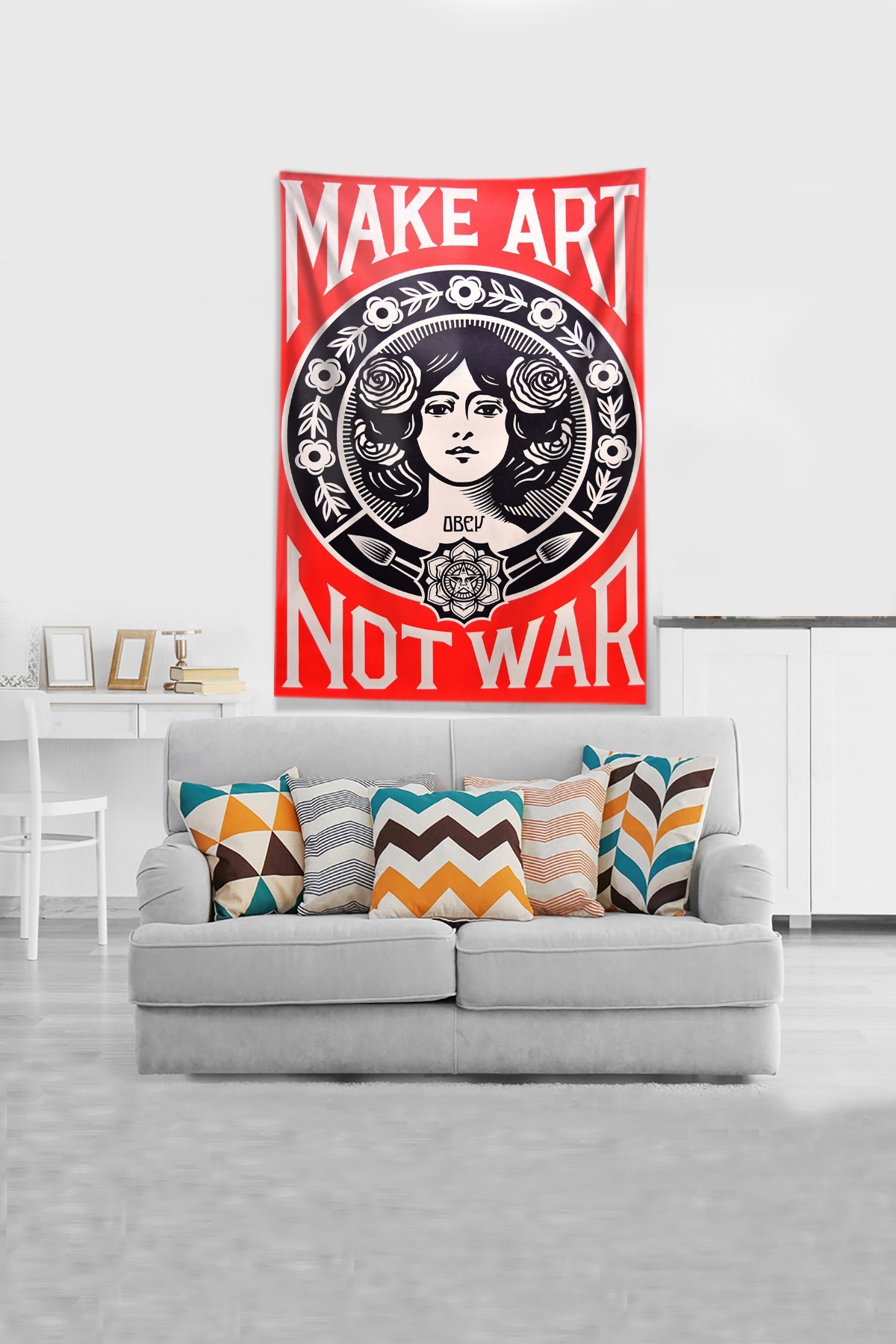 Kırmızı Make Art Not War Leke Tutmaz Kadife Kumaş Duvar Örtüsü Duvar Halısı Tapestry