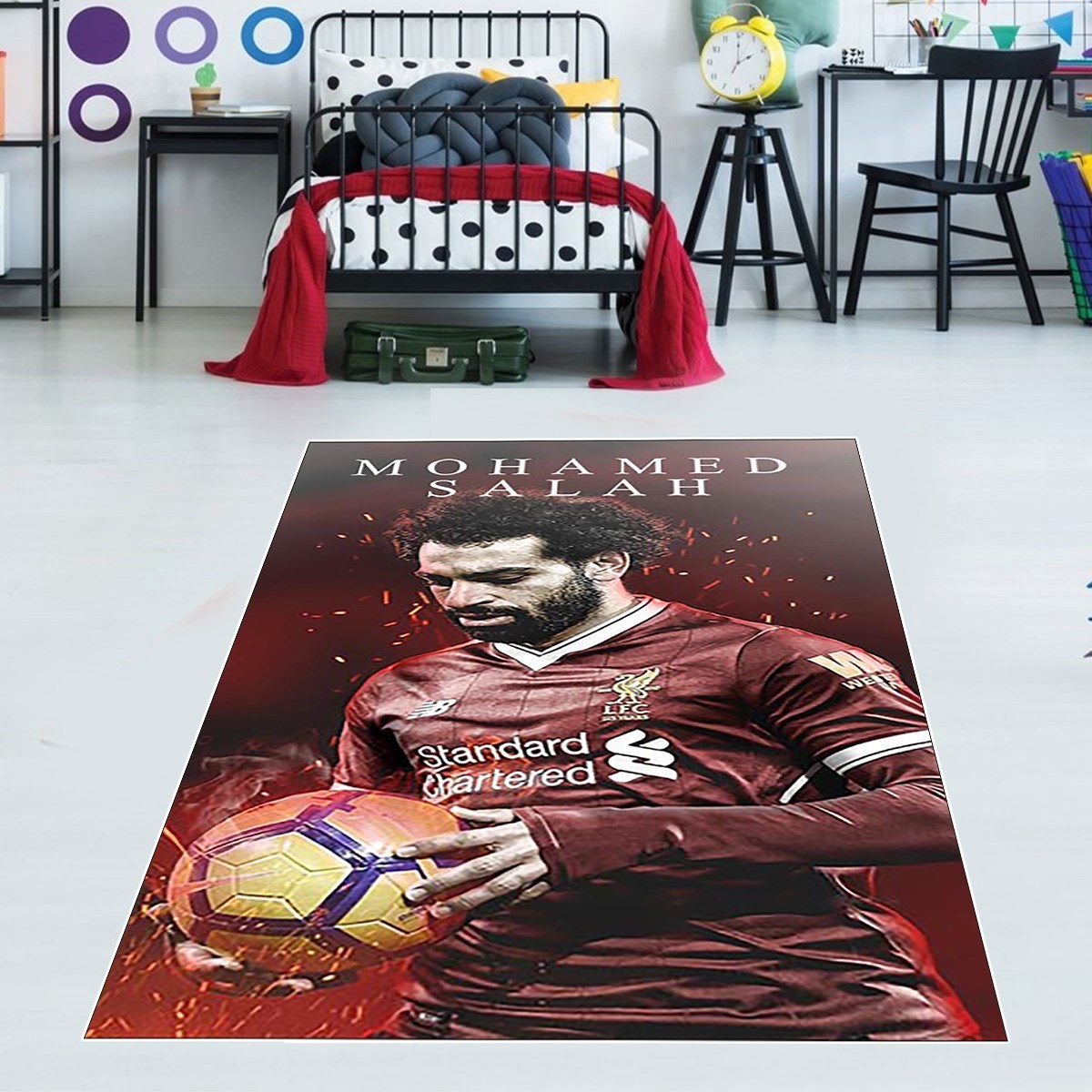 Mohamed Salah Futbolcu Desenli Dijital Baskı Yıkanabilir Kaymaz Taban Leke Tutmaz Çocuk Odası Halısı