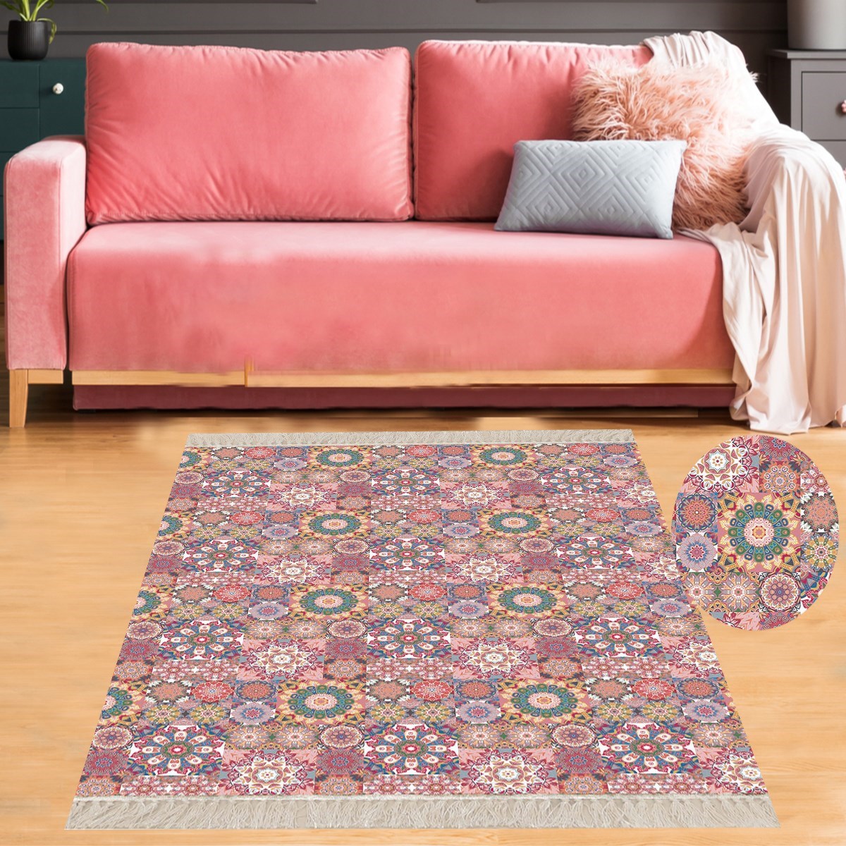 Kilim Desenli Etnik Dijital Baskı Yıkanabilir Kaymaz Taban Modern Salon Halı ve Yolluk