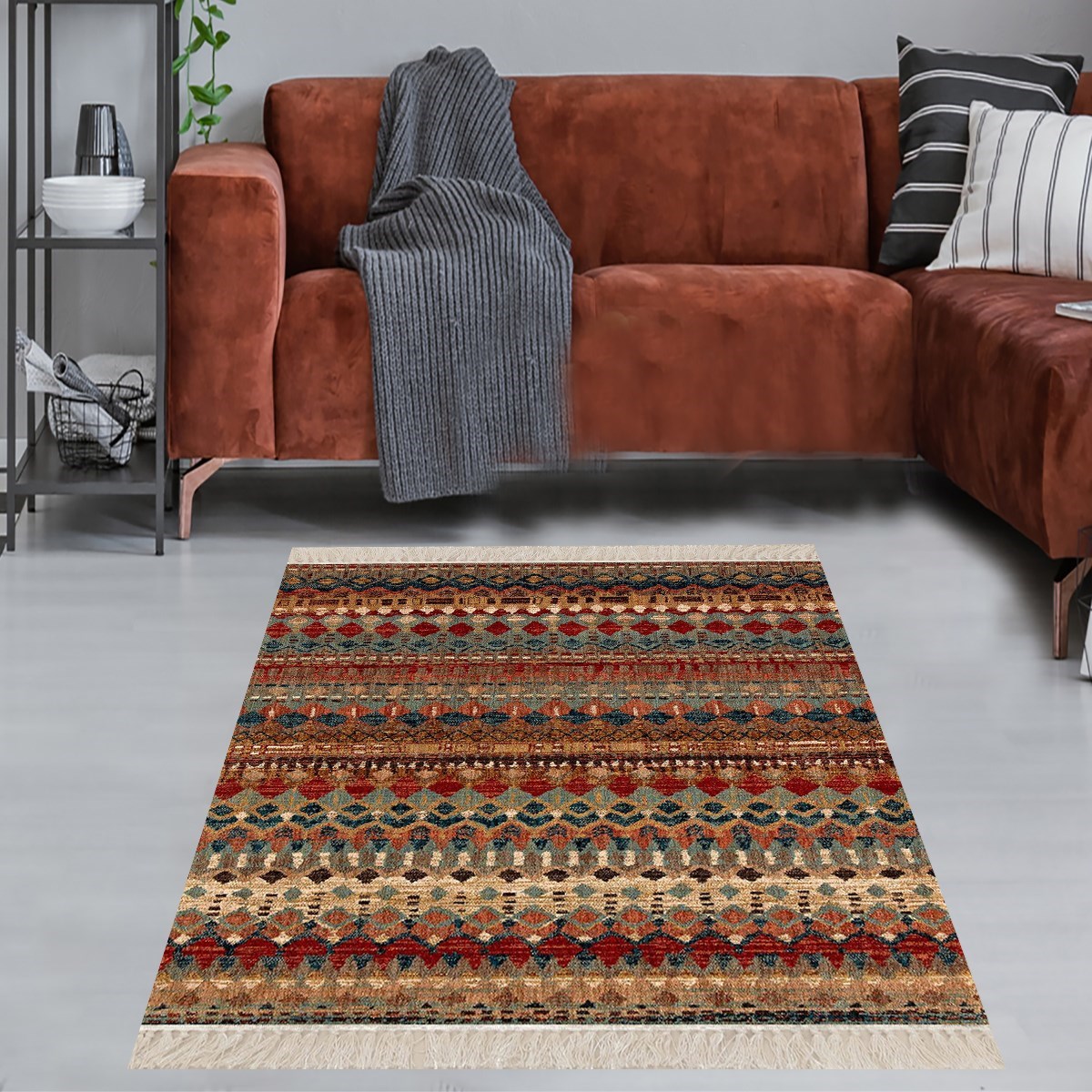 Kilim Desenli Etnik Dijital Baskı Yıkanabilir Kaymaz Taban Eskitme Salon Halı ve Yolluk