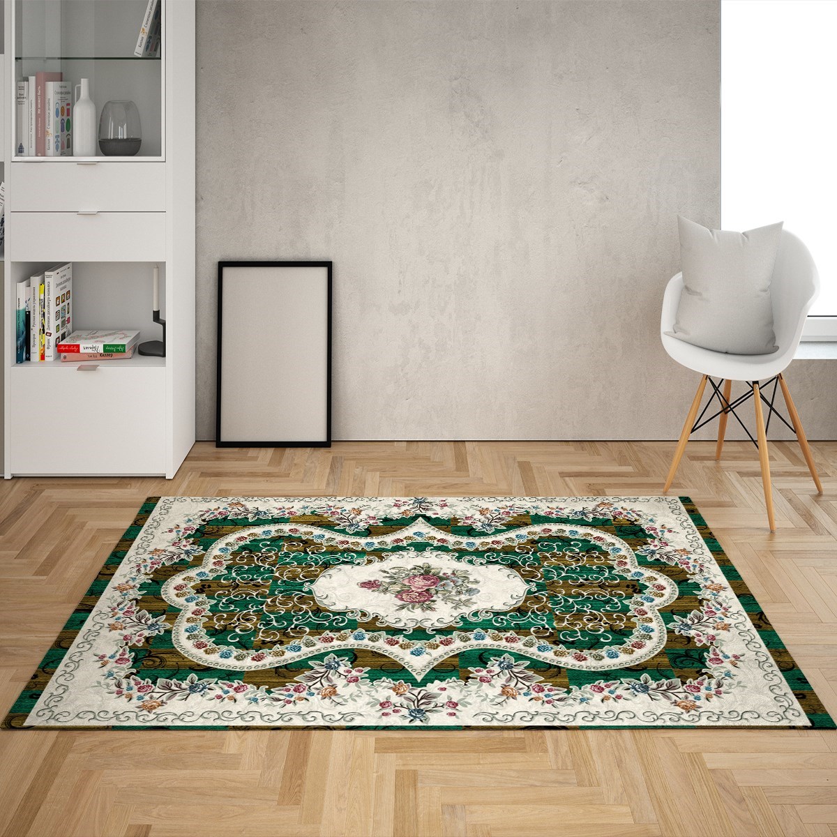 Çiçek Desenli Dijital Baskı Yıkanabilir Kaymaz Taban Leke Tutmaz Vintage Salon Halısı (Yeşil)