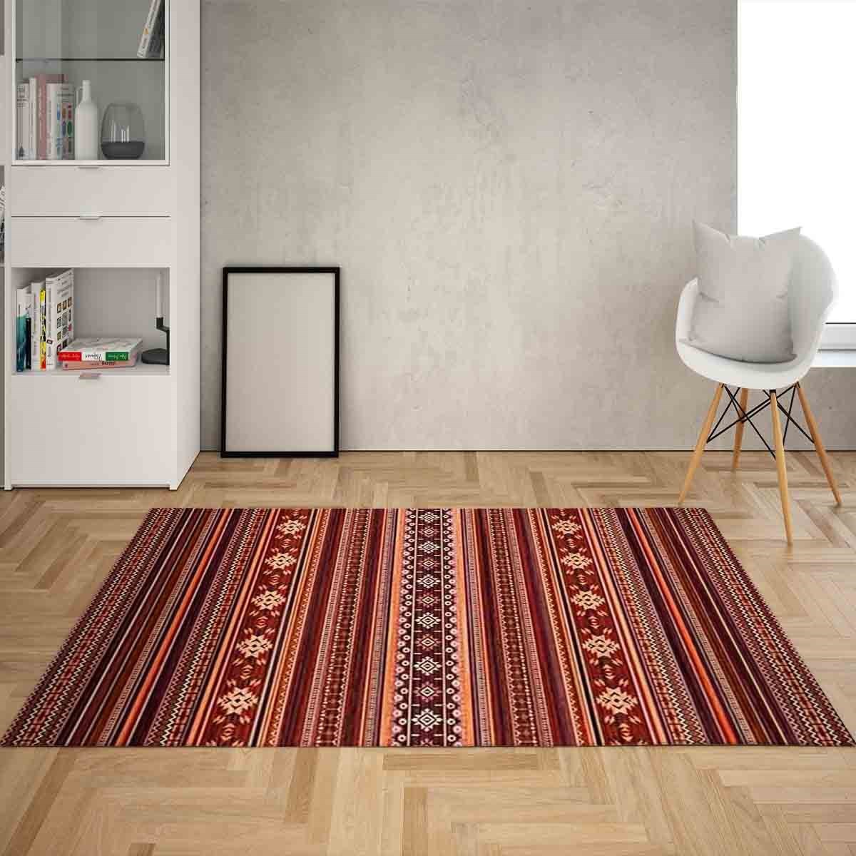 Kilim Desenli Etnik Dijital Baskı Yıkanabilir Kaymaz Taban Modern Salon Halı ve Yolluk (Kırmızı)