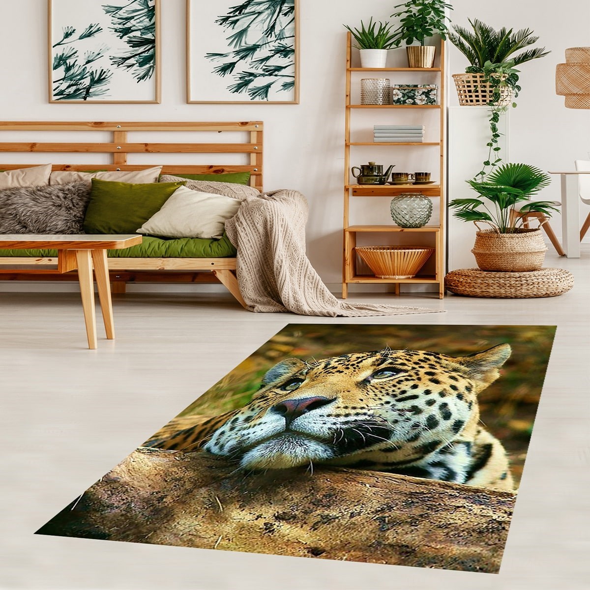 Leopar Desenli Dijital Baskılı Kaymaz Taban Yıkanabilir Modern Salon Halısı