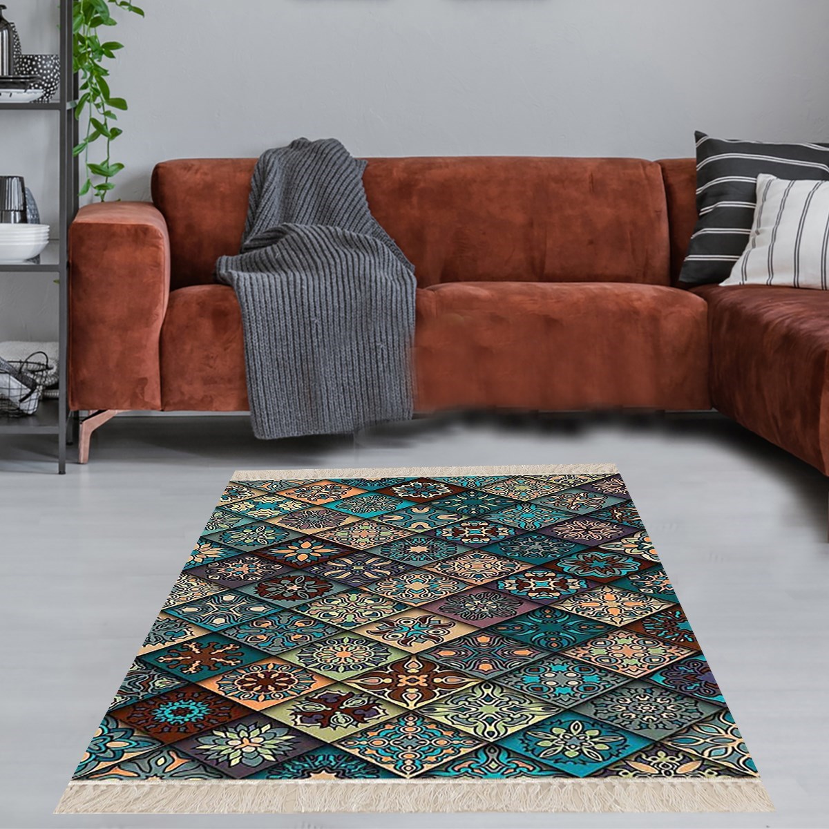 Kilim Desenli Etnik Dijital Baskı Yıkanabilir Kaymaz Taban Eskitme Salon Halı ve Yolluk