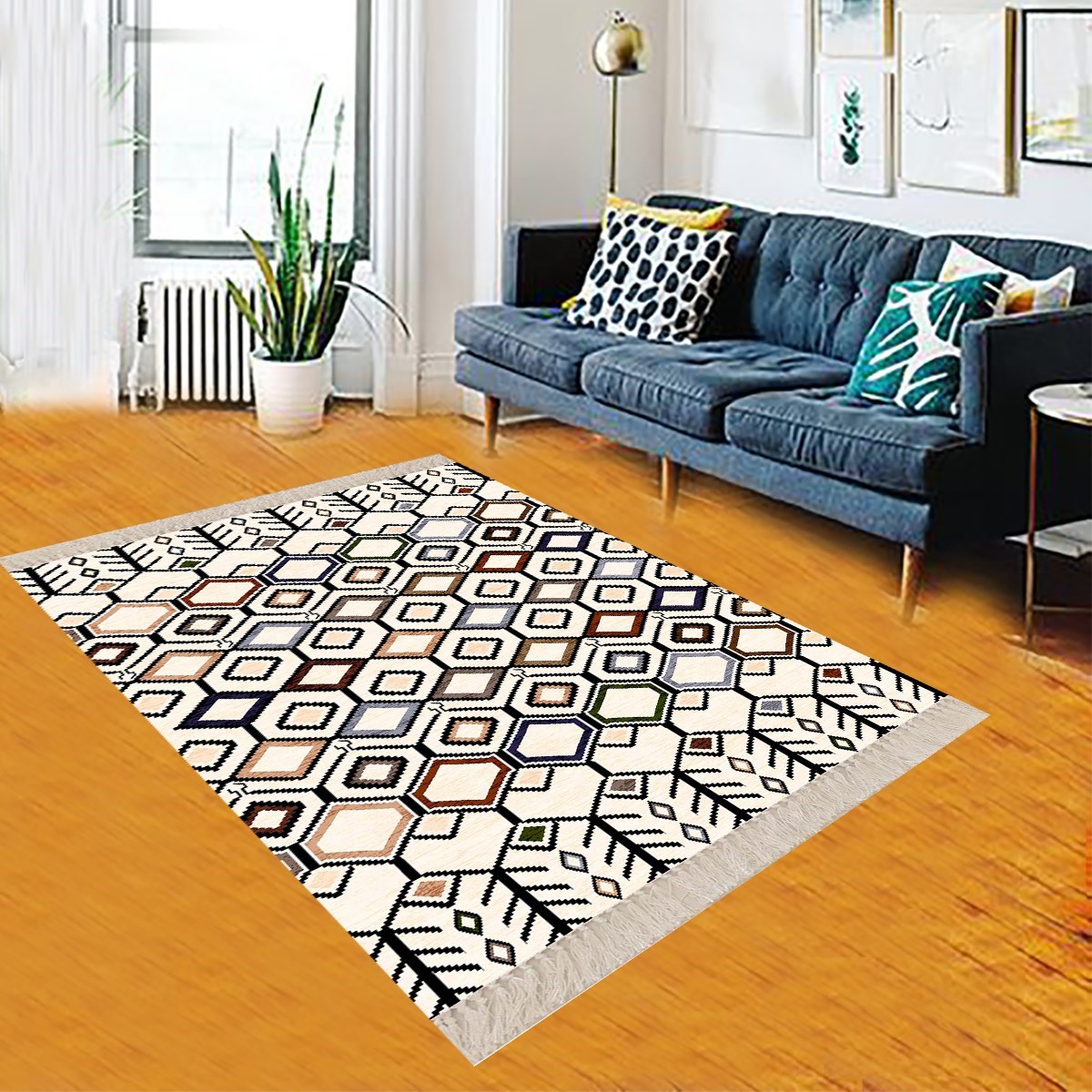 Geometrik Karo Desenli Dijital Baskı Yıkanabilir Kaymaz Taban Etnik Kilim Desen Salon Halı 