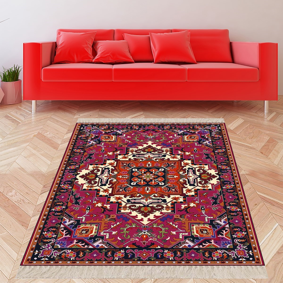 Kilim Desenli Renkli Dijital Baskı Yıkanabilir Kaymaz Taban Leke Tutmaz Etnik Salon Halısı ve Yolluk