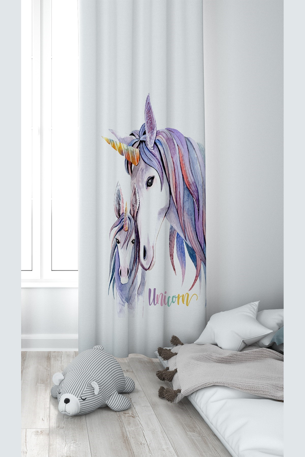 Beyaz Unicorn Desenli Dijital Baskı Yıkanabilir Bebek Çocuk Odası Fon Perdesi