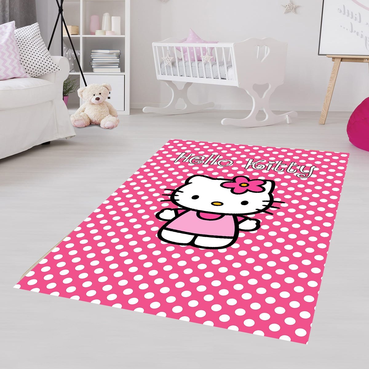 Hello Kitty Kedi Desenli Dijital Baskı Yıkanabilir Kaymaz Taban Çocuk Odası Halısı