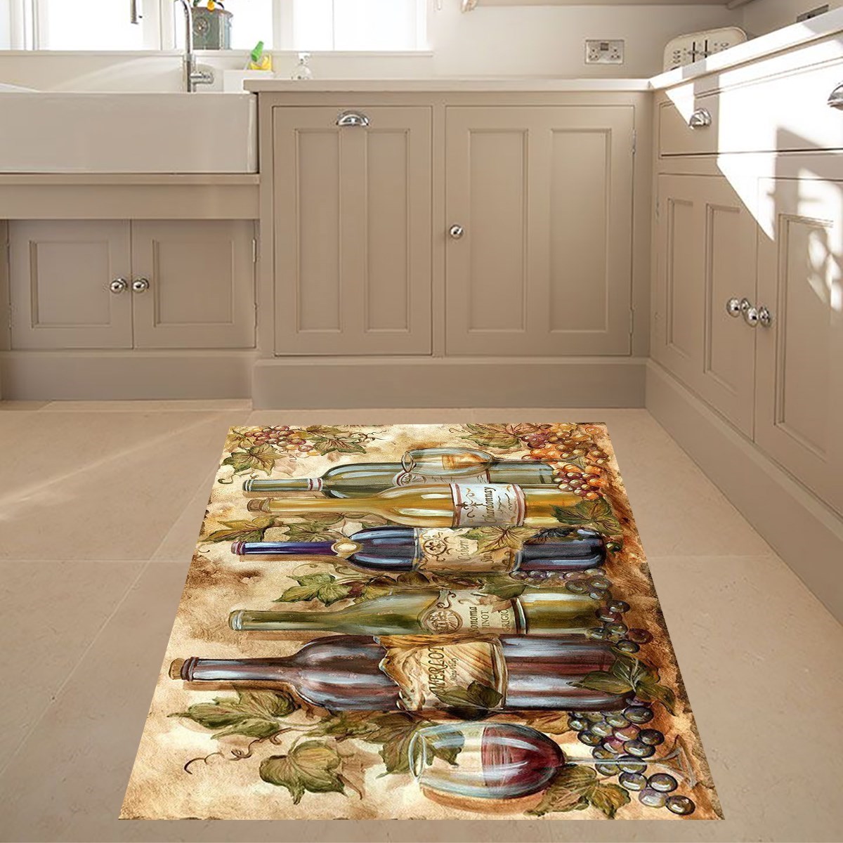Şarap Kadeh Üzüm Desen Dijital Baskılı Kaymaz Taban Yıkanabilir Leke Tutmaz Mutfak Halısı