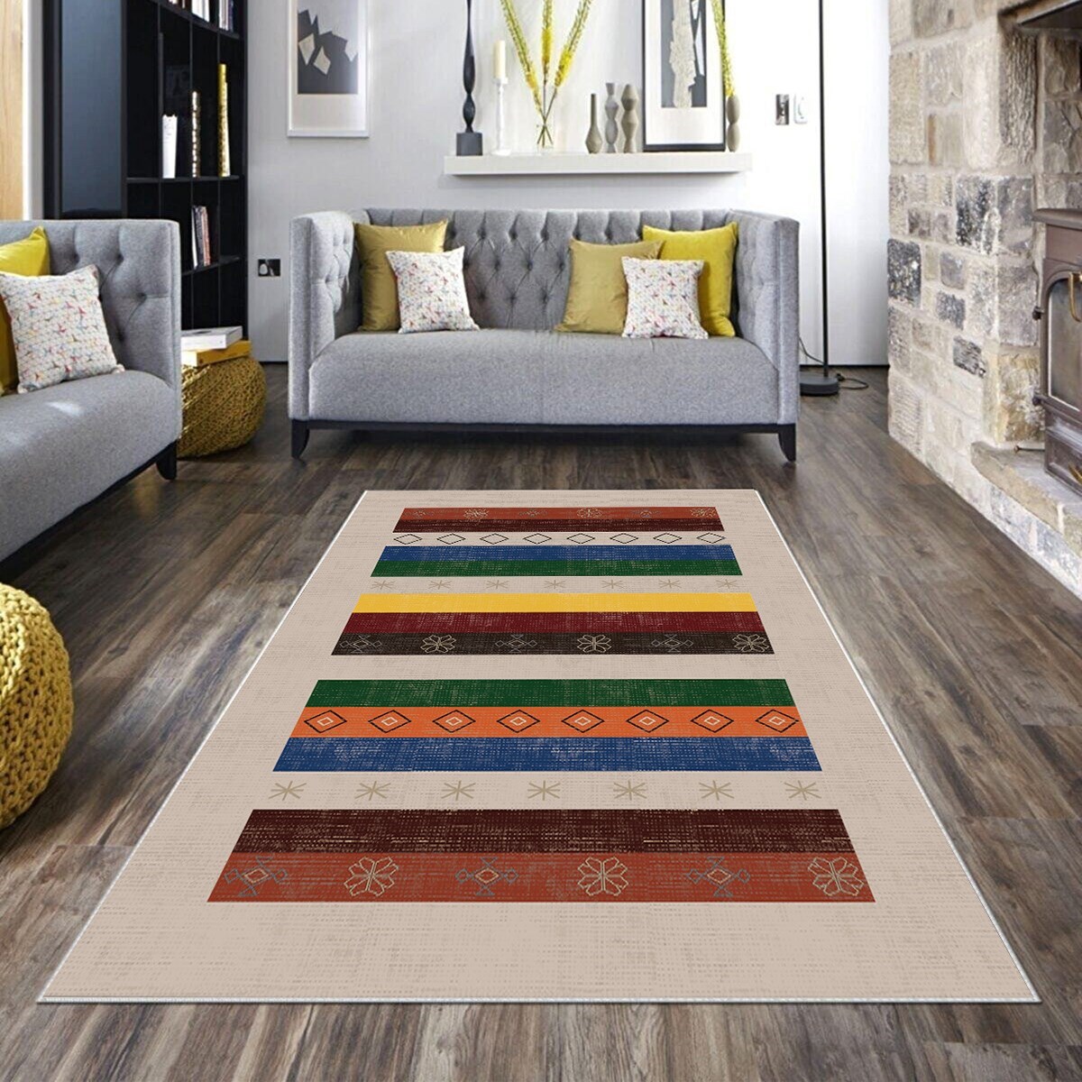 Vizon Kilim Desenli Yıkanabilir Kaymaz Taban Leke Tutmaz Modern Salon Halısı ve Yolluk