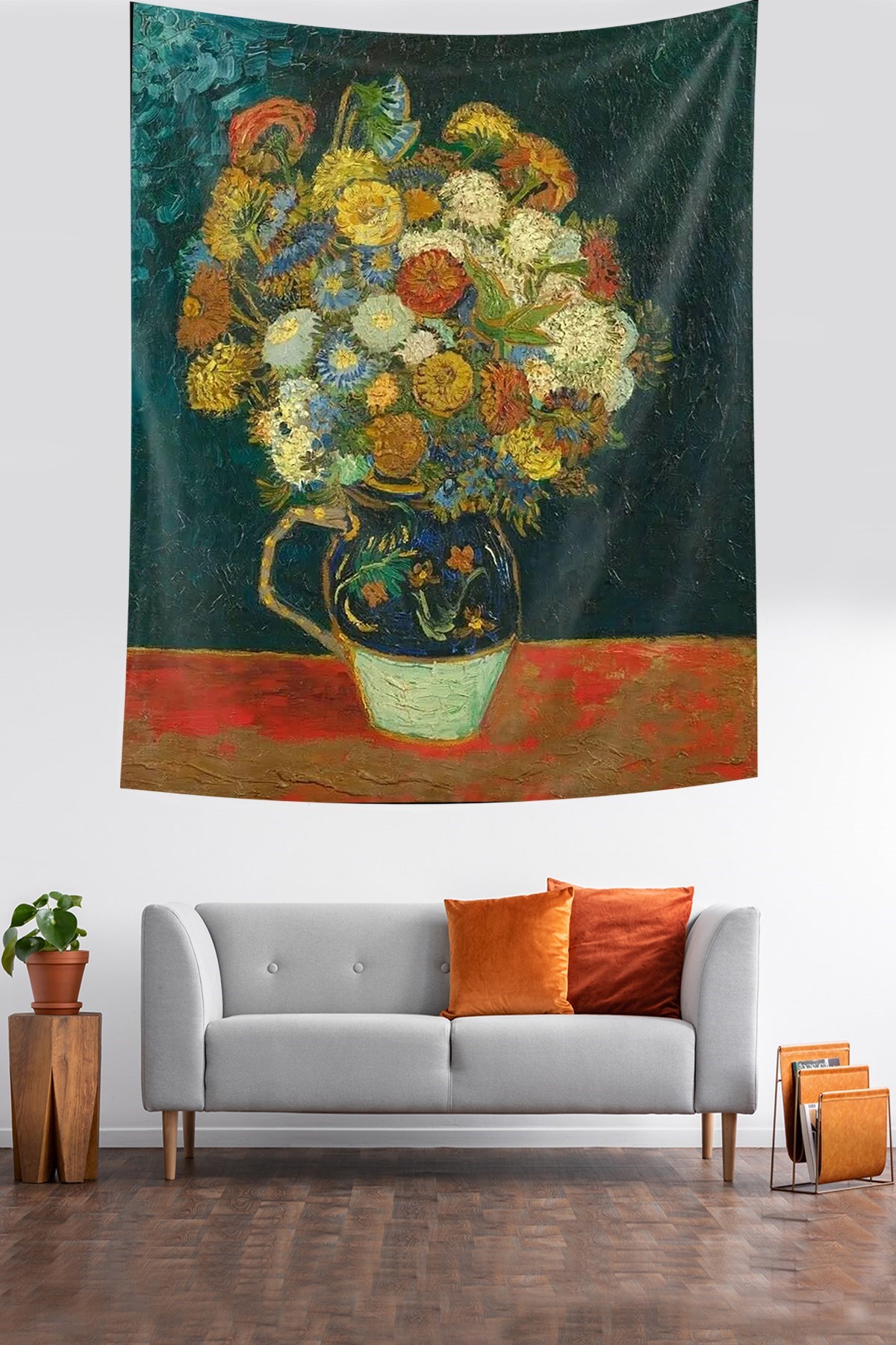 Van Gogh Vazodaki Karanfiller Leke Tutmaz  Kumaş Duvar Örtüsü Duvar Halısı Tapestry