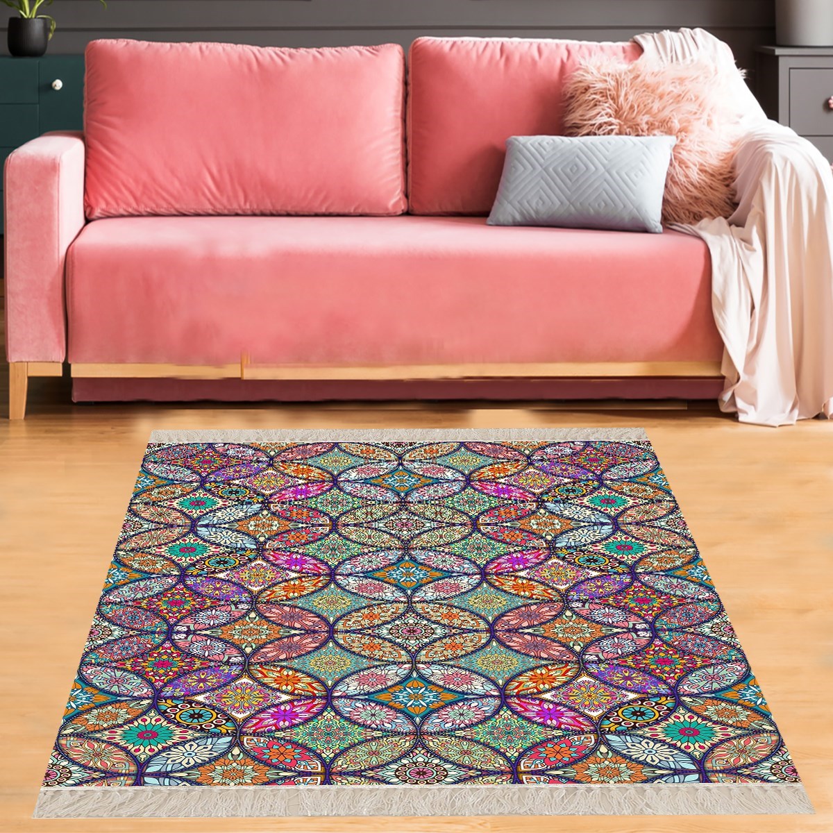 Kilim Desenli Etnik Dijital Baskı Yıkanabilir Kaymaz Taban Modern Salon Halı ve Yolluk