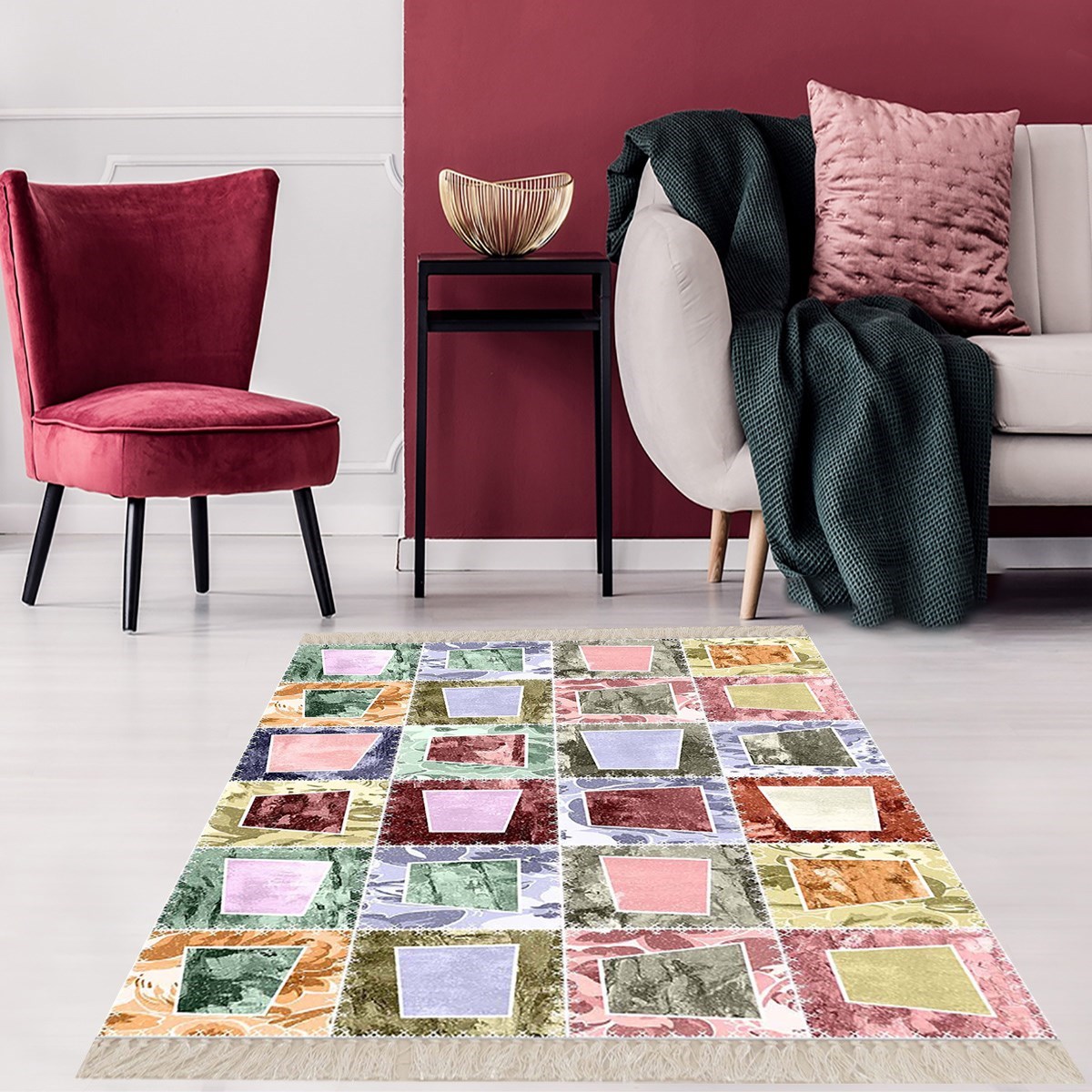 Kırkyama Patchwork Desenli Etnik Dijital Baskı Yıkanabilir Kaymaz Taban Salon Halı ve Yollu