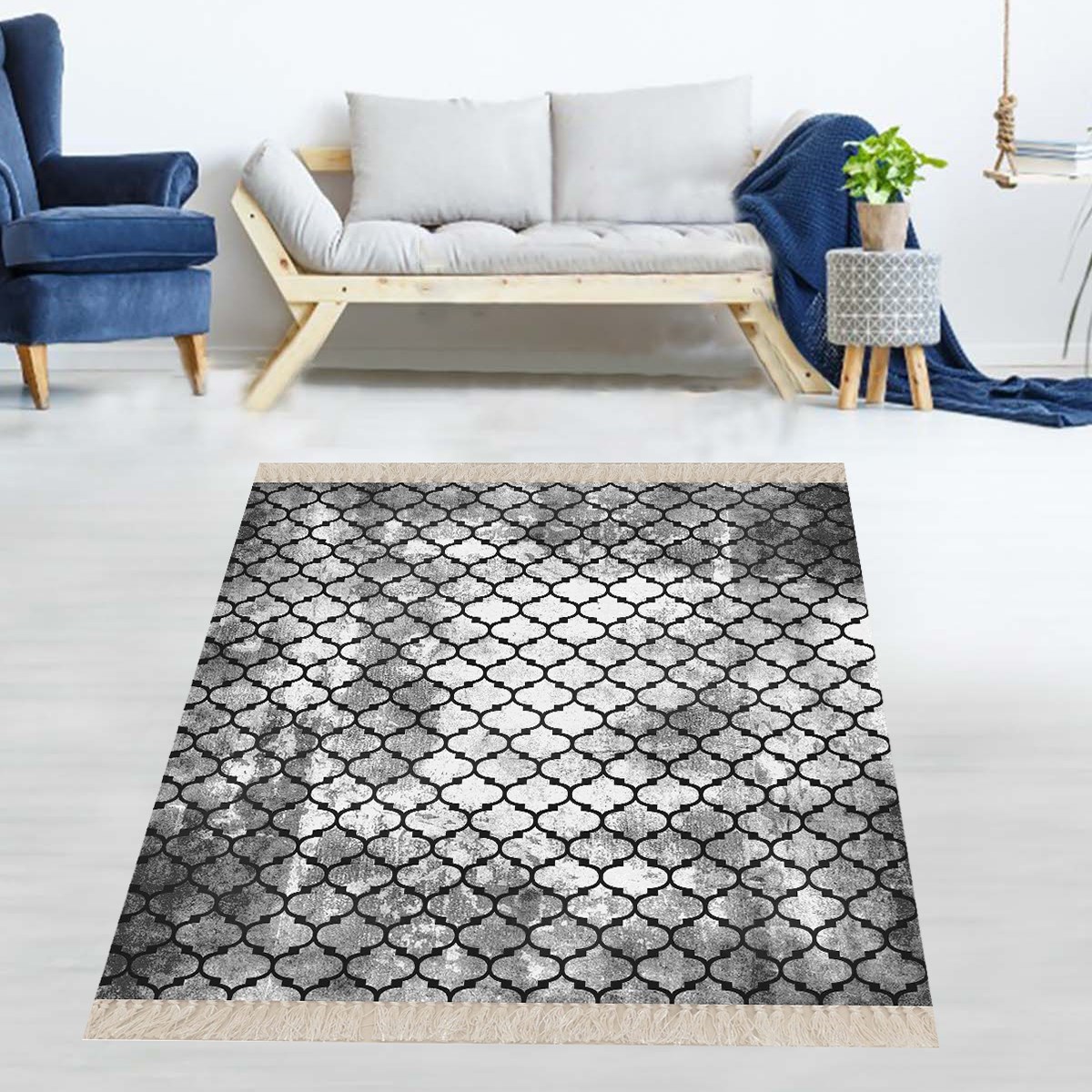 Geometrik Desenli Osmanlı Motif Dijital Baskı Yıkanabilir Kaymaz Taban Kilim Model Salon Halısı