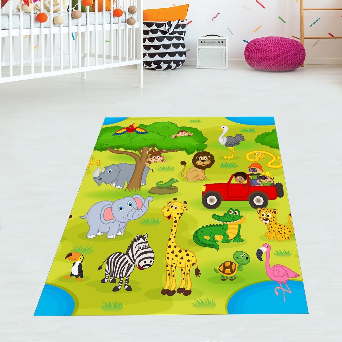Fil Zürafa Zebra Timsah Desen Dijital Baskı Yıkanabilir Kaymaz Taban Leke Tutmaz Çocuk Odası Halısı