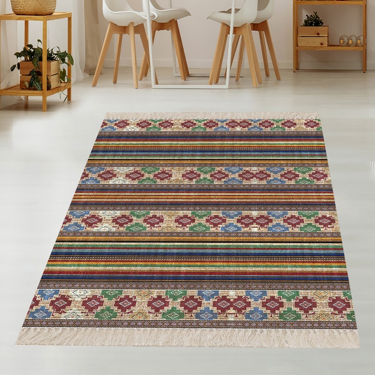 Geometrik Desenli Dijital Baskı Yıkanabilir Kaymaz Taban Etnik Kilim Desen Salon Halı