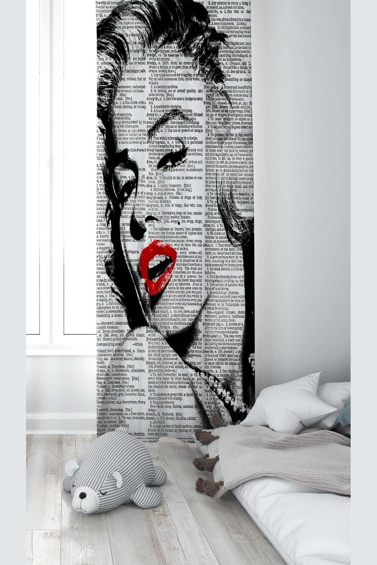 Krem Marilyn Monroe Desenli Dijital Baskı Yıkanabilir Bebek Çocuk Odası Fon Perdesi