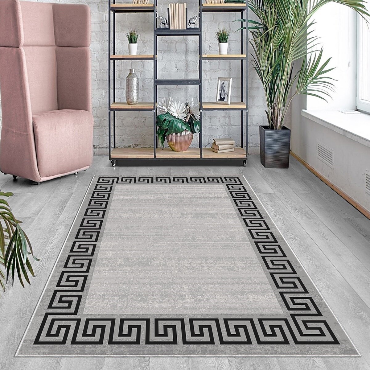 Gri Geometrik Desenli Yıkanabilir Kaymaz Taban Leke Tutmaz Modern Salon Halısı ve Yolluk