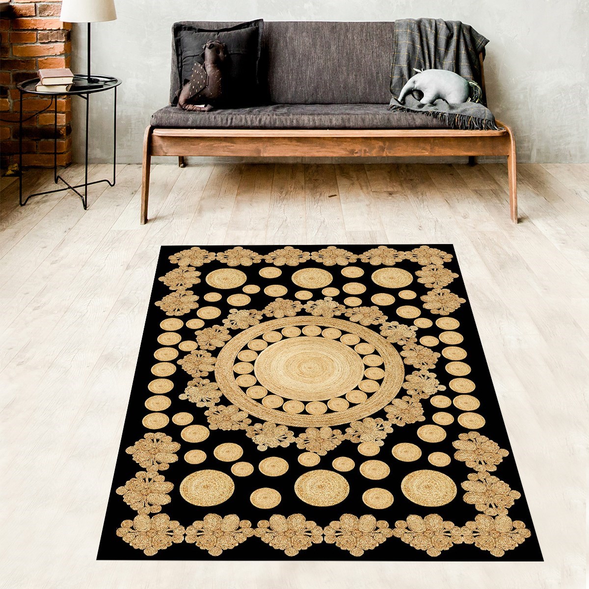 Jüt Hasır Kilim Görünümlü Dijital Baskılı Kaymaz Taban Yıkanabilir Modern Salon Halısı ve Yolluk