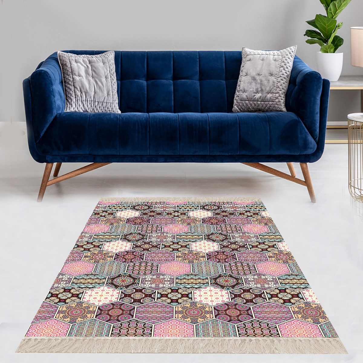 Kilim Desenli Etnik Dijital Baskı Yıkanabilir Kaymaz Taban Modern Salon Halı ve Yolluk