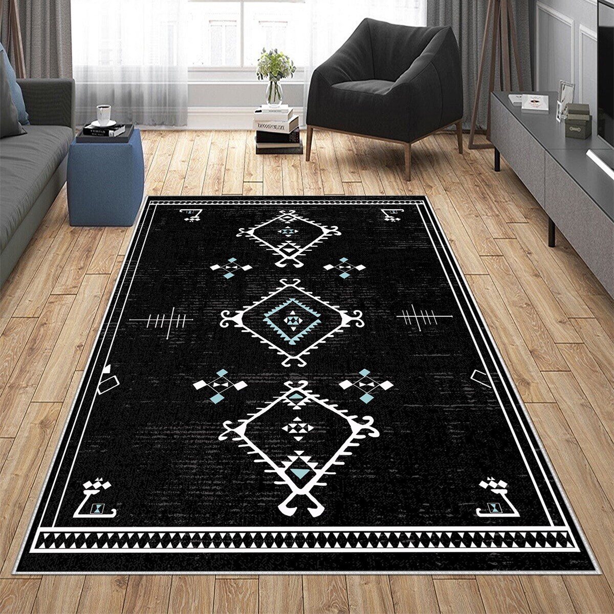 Siyah Bohem Etnik Kilim Desen Yıkanabilir Kaymaz Taban Leke Tutmaz Modern Salon Halısı ve Yolluk