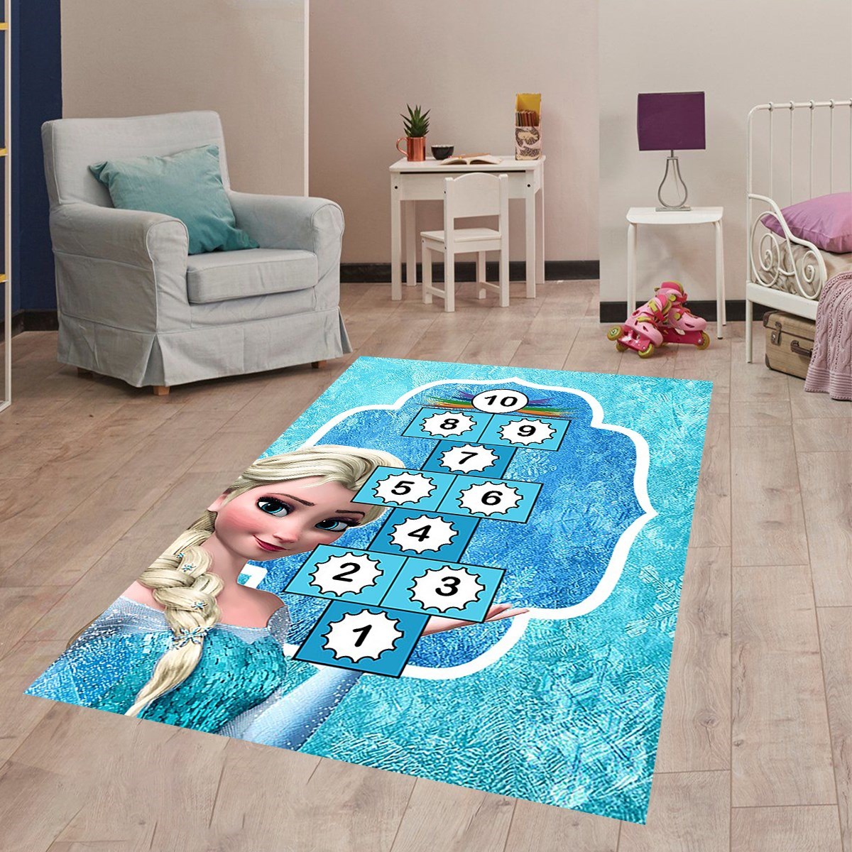 Elsa Desenli Seksek Halı Dijital Baskı Yıkanabilir Kaymaz Taban Eğitici Halı Çocuk Odası Halısı