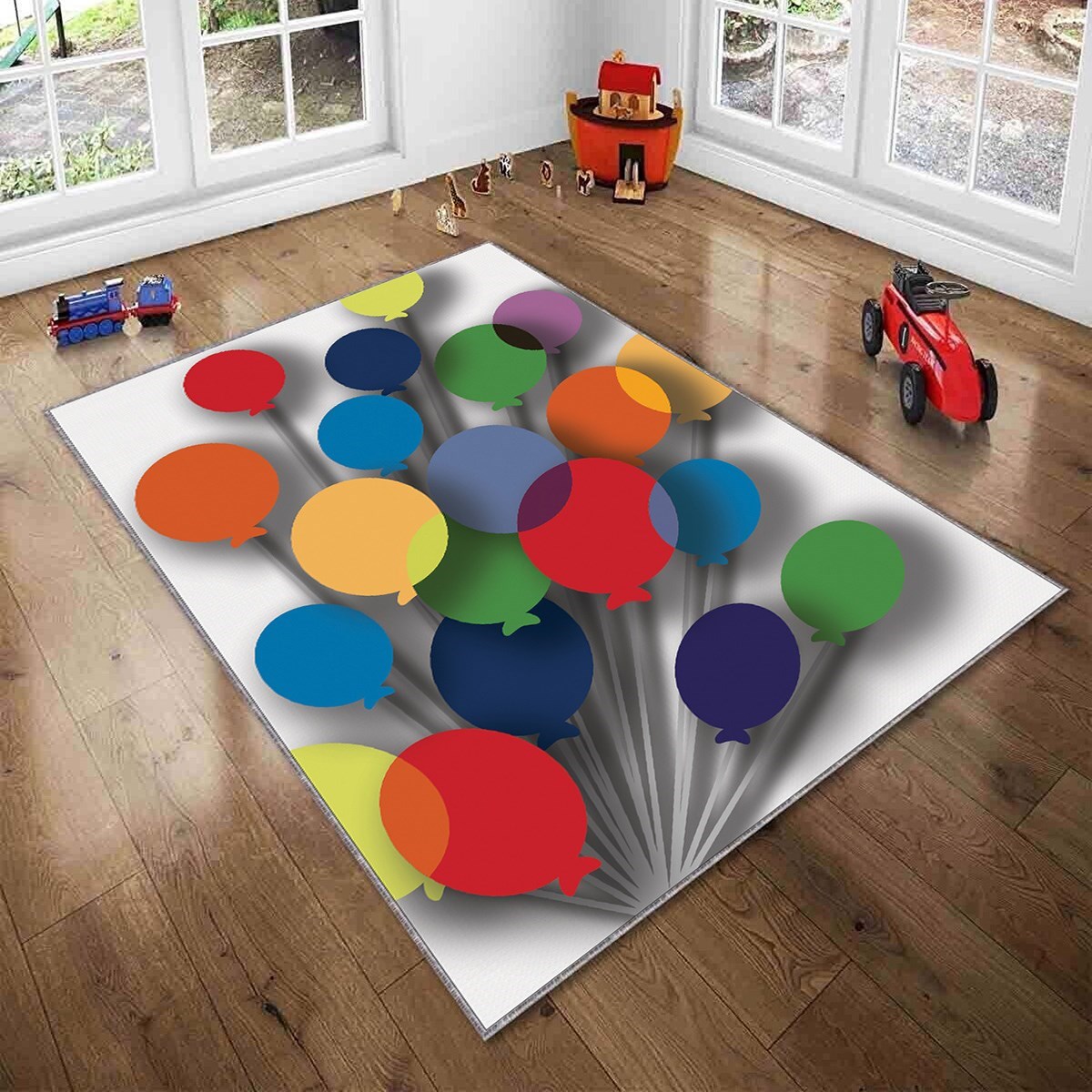 Çok Renkli Uçan Balon Desenli Yıkanabilir Kaymaz Taban Leke TutmazBebek ve Çocuk Odası Halısı