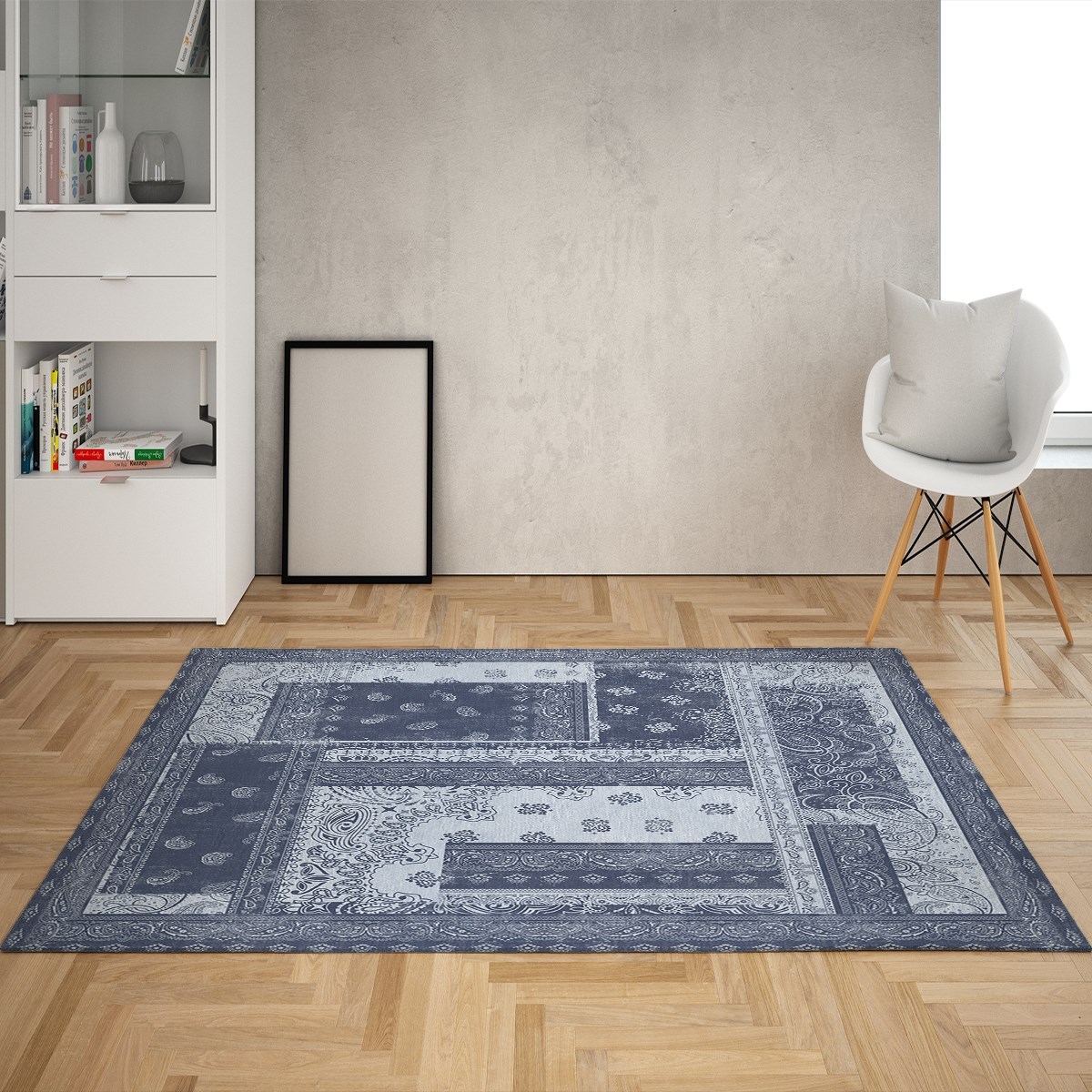 Geometrik ve Çiçek Desen Çerçeveli Dijital Baskı Yıkanabilir Kaymaz Taban Klasik Salon Halısı