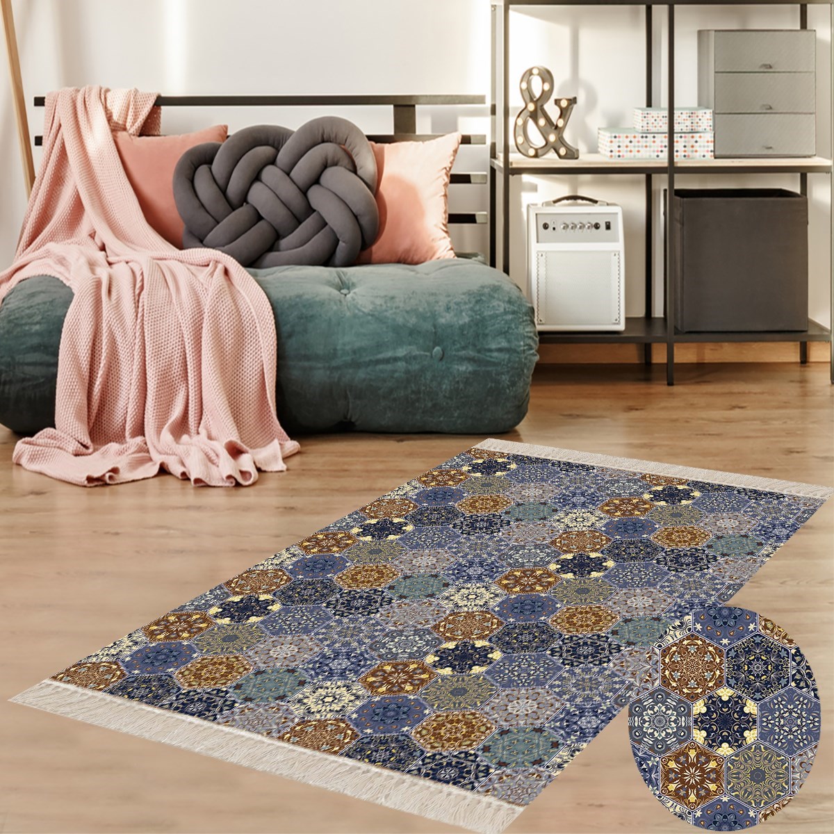 Kilim Desenli Etnik Dijital Baskı Yıkanabilir Kaymaz Taban Modern Salon Halı ve Yolluk