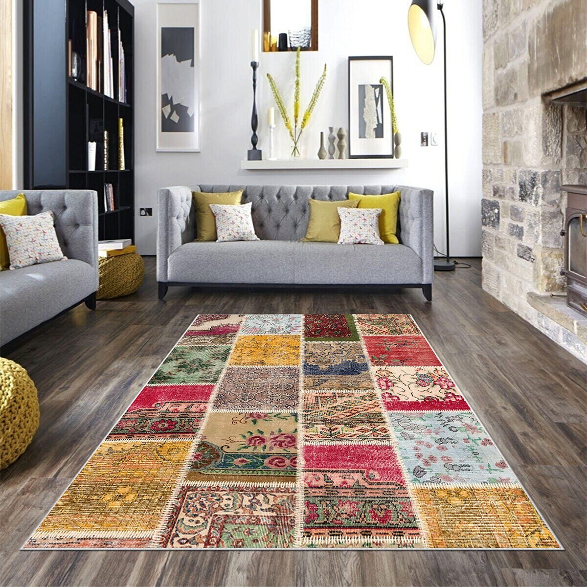 Patchwork Çiçek Desenli Yıkanabilir Kaymaz Taban Leke Tutmaz Modern Salon Halısı ve Yolluk