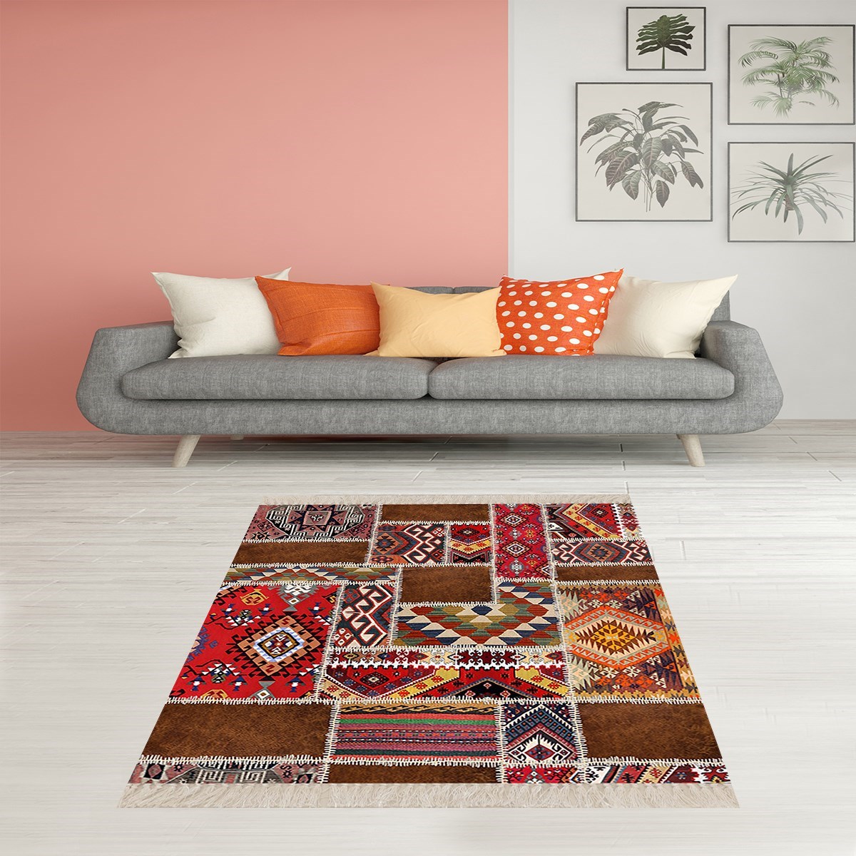 Kilim Desenli Etnik Dijital Baskı Yıkanabilir Kaymaz Taban Modern Salon Halı ve Yolluk 