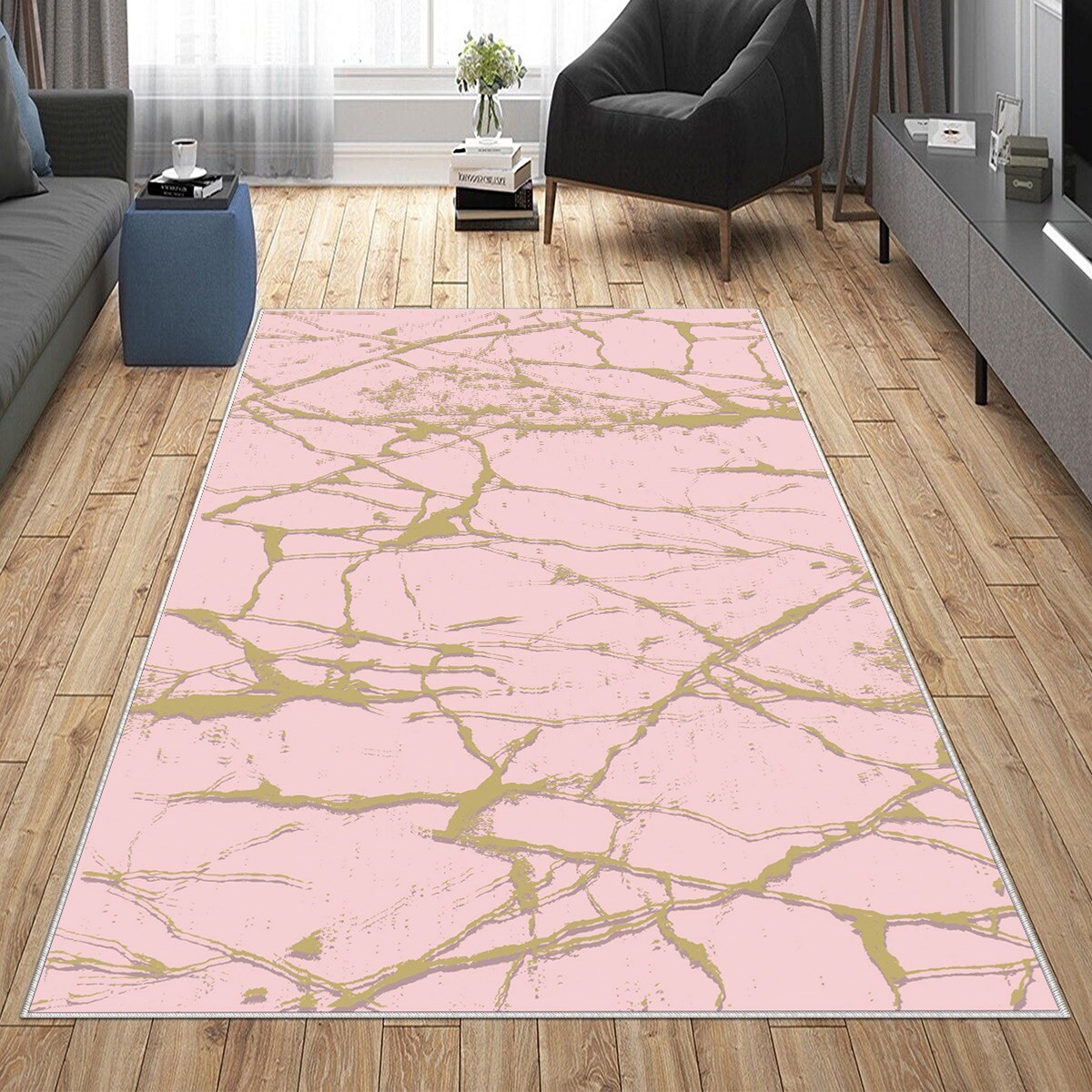 Pembe Gold Desenli Yıkanabilir Kaymaz Taban Leke Tutmaz Modern Salon Halısı ve Yolluk