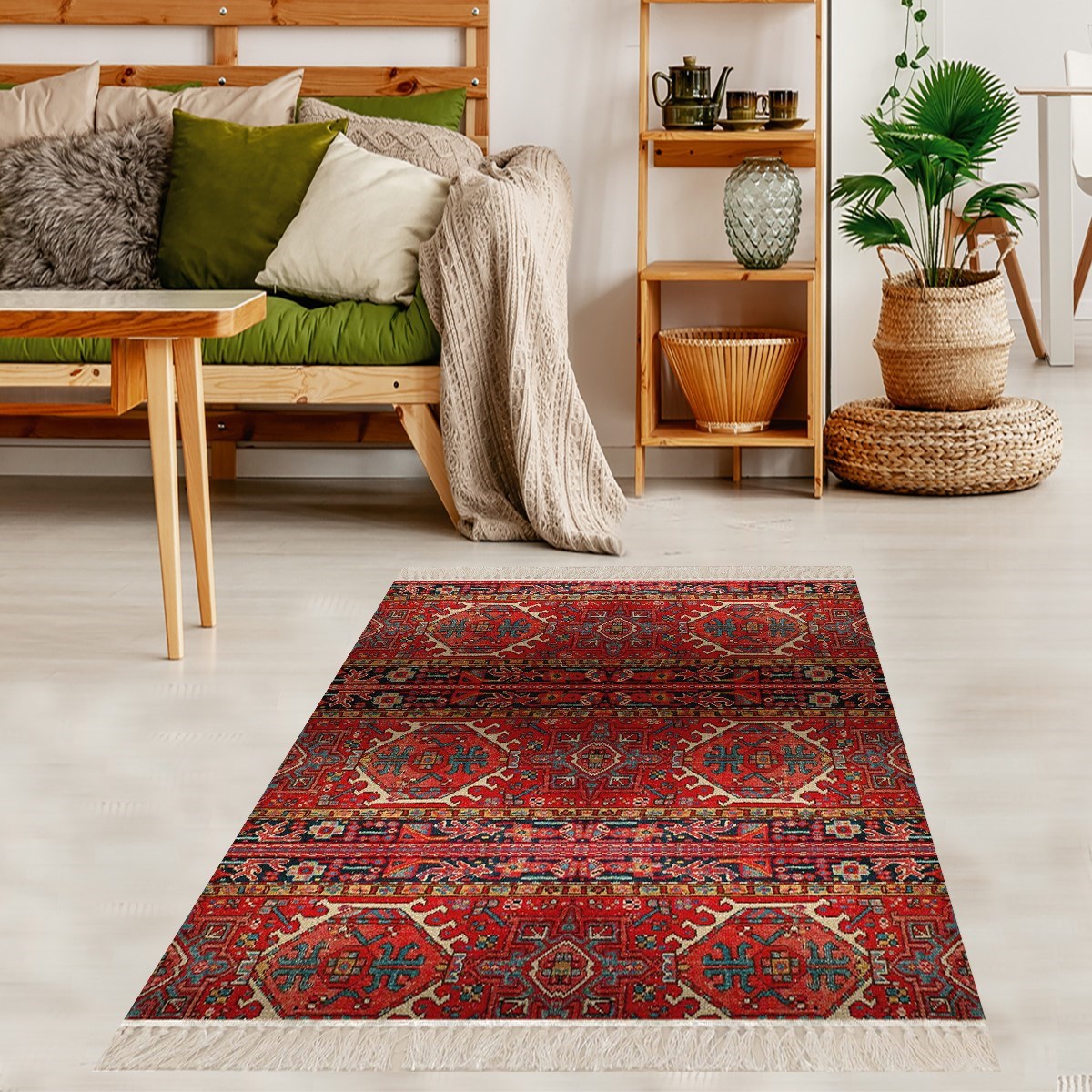 Kilim Desenli Etnik Dijital Baskı Yıkanabilir Kaymaz Taban Modern Salon Halı ve Yolluk