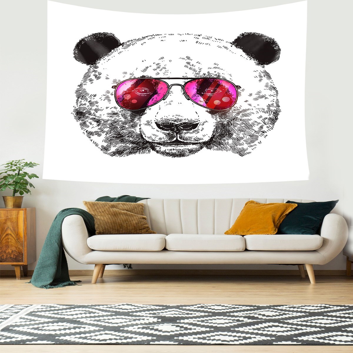 Gözlüklü Panda Desen Leke Tutmaz Kadife Dokulu Kumaş Duvar Örtüsü Duvar Halısı Tapestry