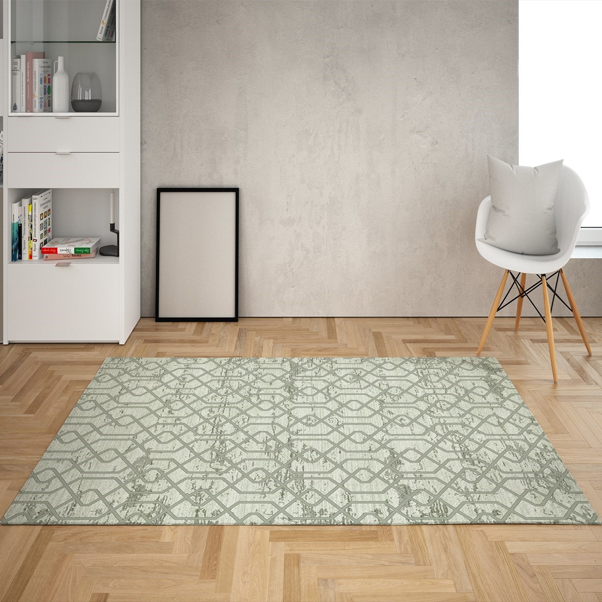 Geometrik Desenli Dijital Baskı Yıkanabilir Kaymaz Taban Modern Kilim Desen Salon Halı (Yeşil)