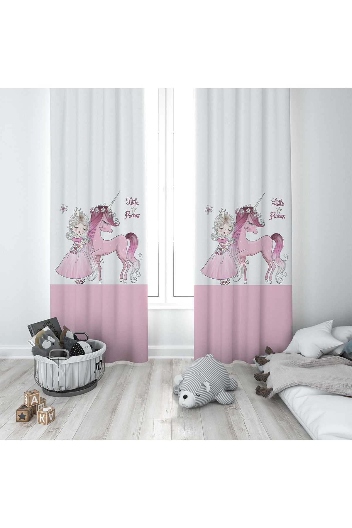 Pembe Unicorn ve Prenses Desenli Dijital Baskı Yıkanabilir Bebek Çocuk Odası Fon Perdesi