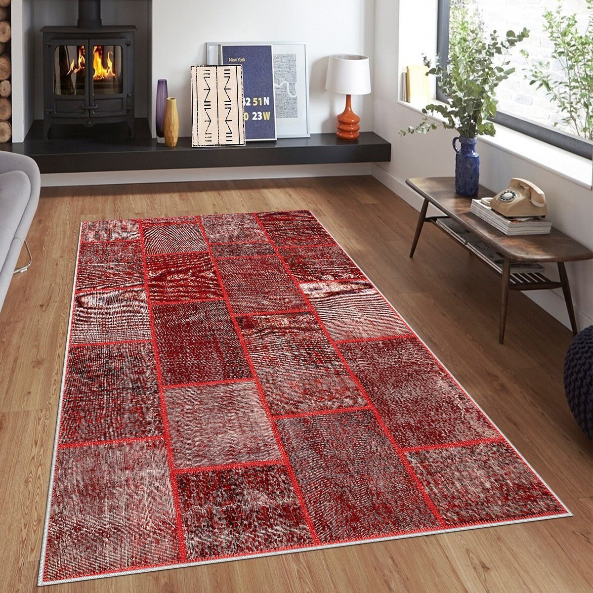 Bordo Patchwork Kırkyama Desenli Yıkanabilir Kaymaz Taban Leke Tutmaz Modern Salon Halısı ve Yolluk