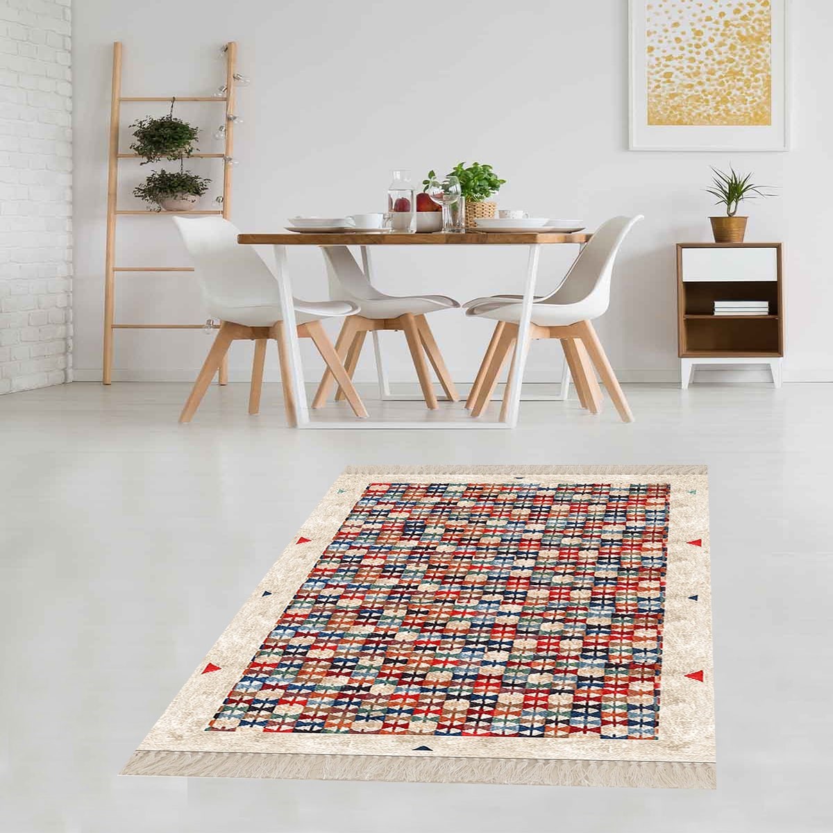 Kilim Desenli Renk Bloklu Etnik Dijital Baskı Yıkanabilir Kaymaz Taban Modern Salon Halı ve Yolluk