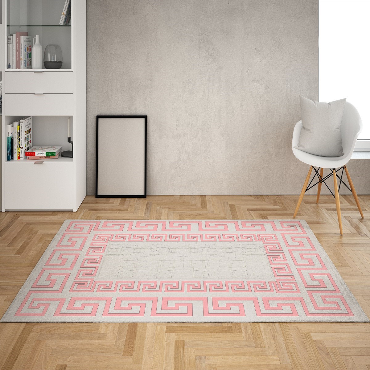 Geometrik Desenli Modern Dijital Baskı Yıkanabilir Kaymaz Taban Salon Halı ve Yolluk (Pembe)