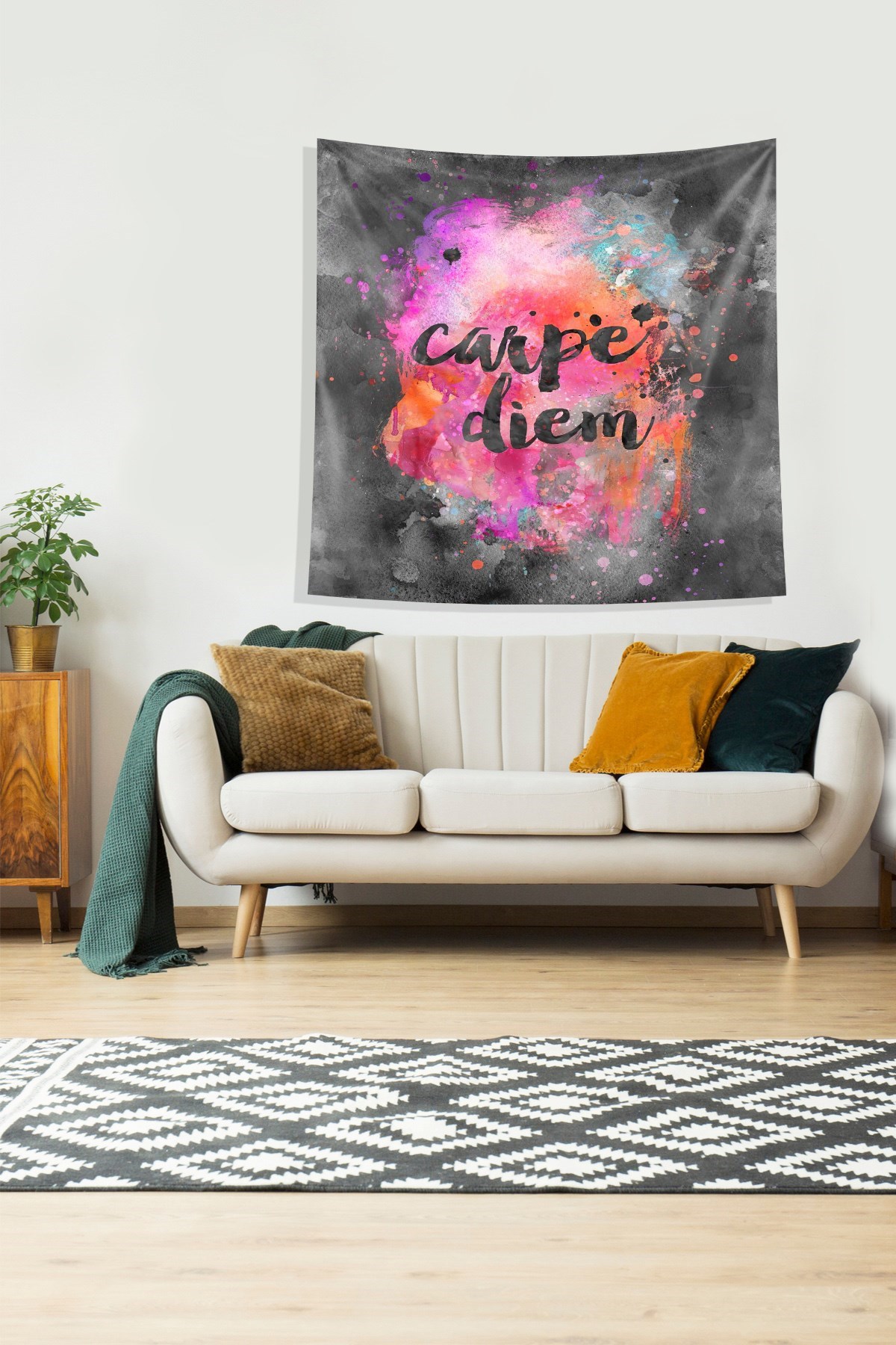 Multirenk Carpe Diem Leke Tutmaz Kadife Kumaş Duvar Örtüsü Duvar Halısı Tapestry