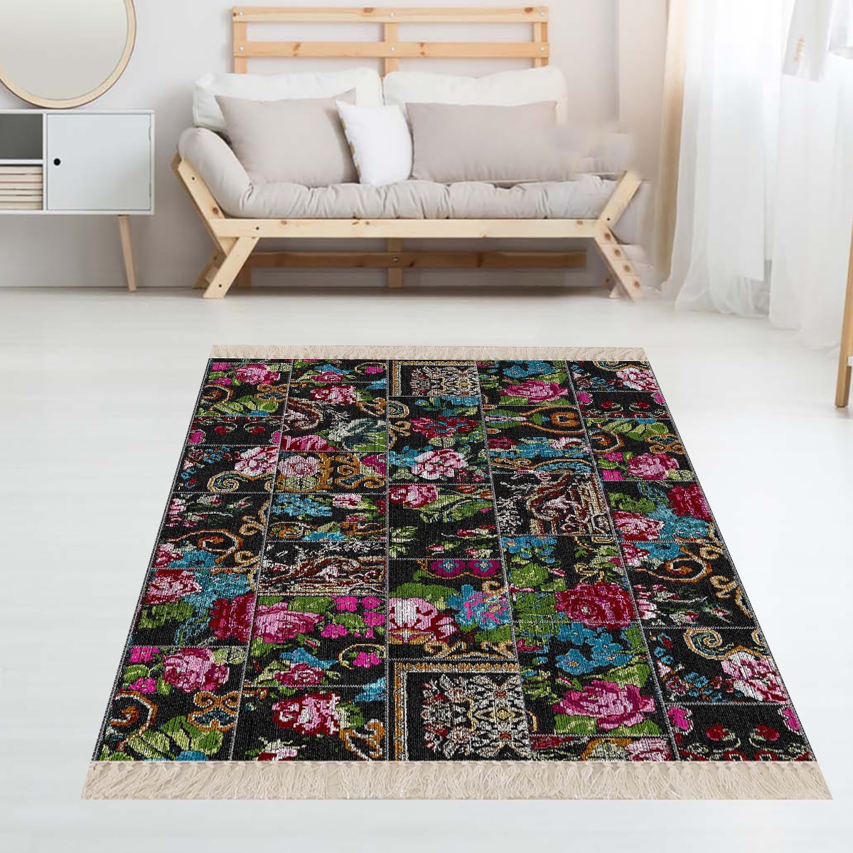 Patchwork Gül Desenli Dijital Baskı Yıkanabilir Kaymaz Taban Modern Salon Halı 