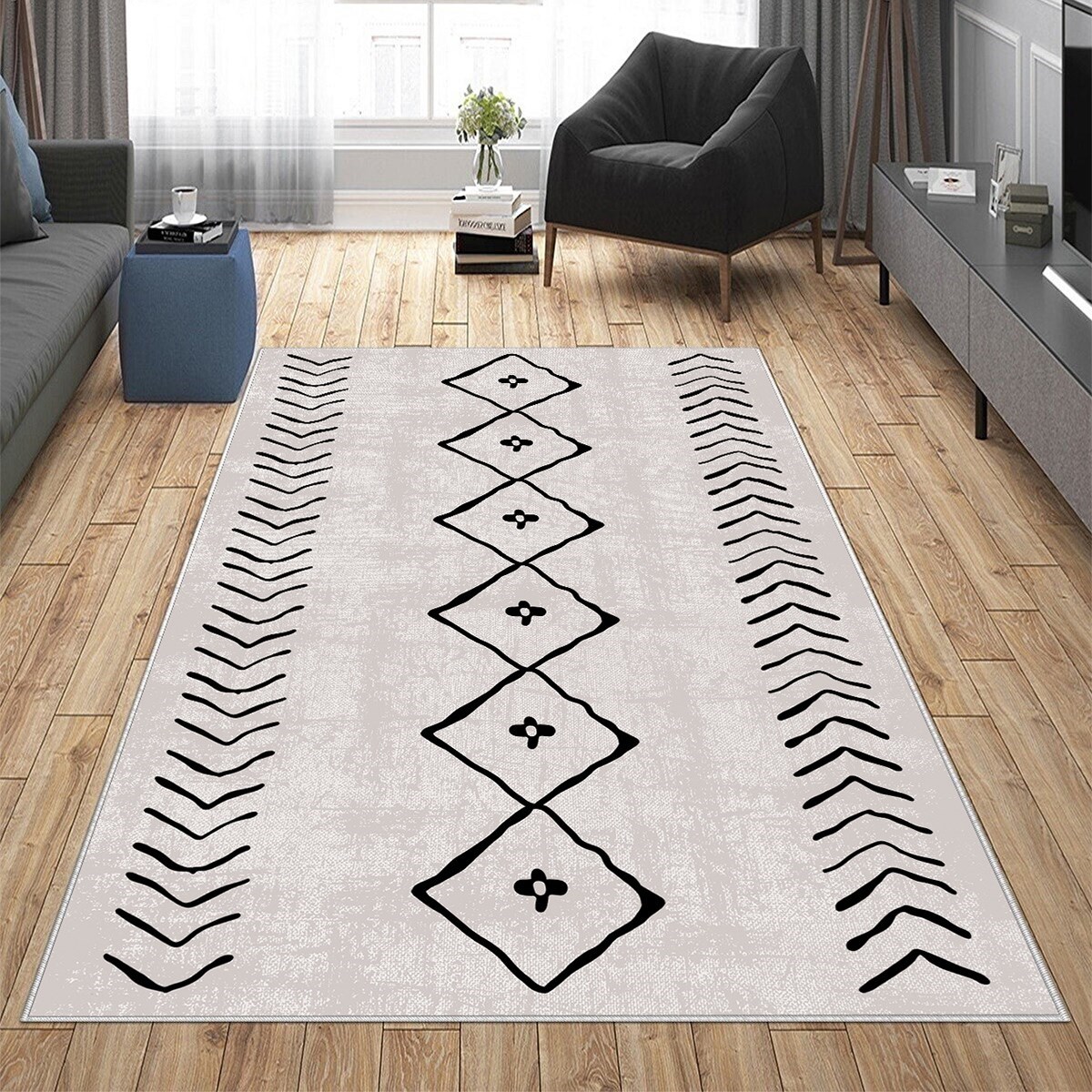 Çizgi Bohem Etnik Kilim Desen Dijital Baskı Yıkanabilir Kaymaz Taban Modern Salon Halısı ve Yolluk