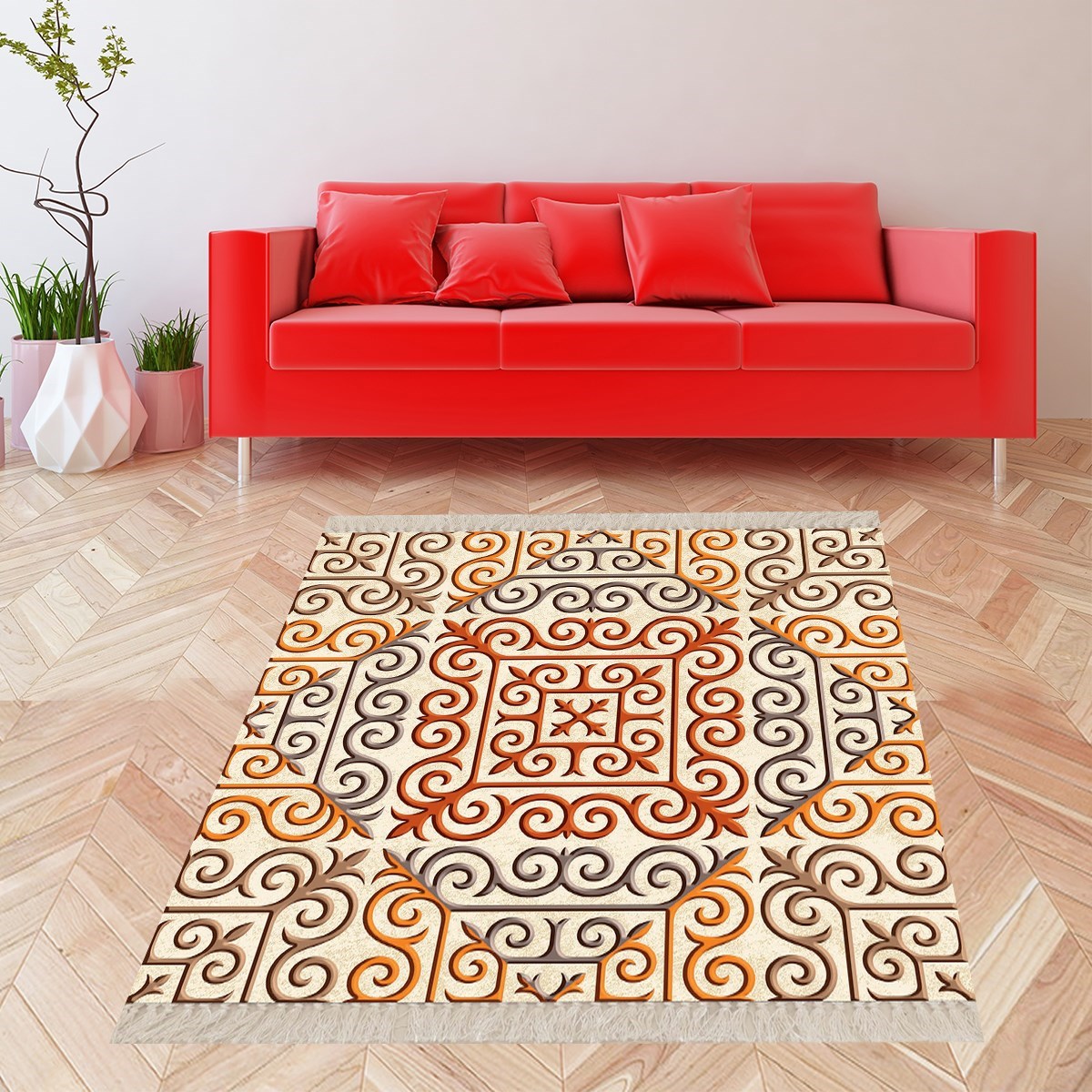 Geometrik Desenli Dijital Baskı Yıkanabilir Kaymaz Taban Etnik Kilim Desen Salon Halı